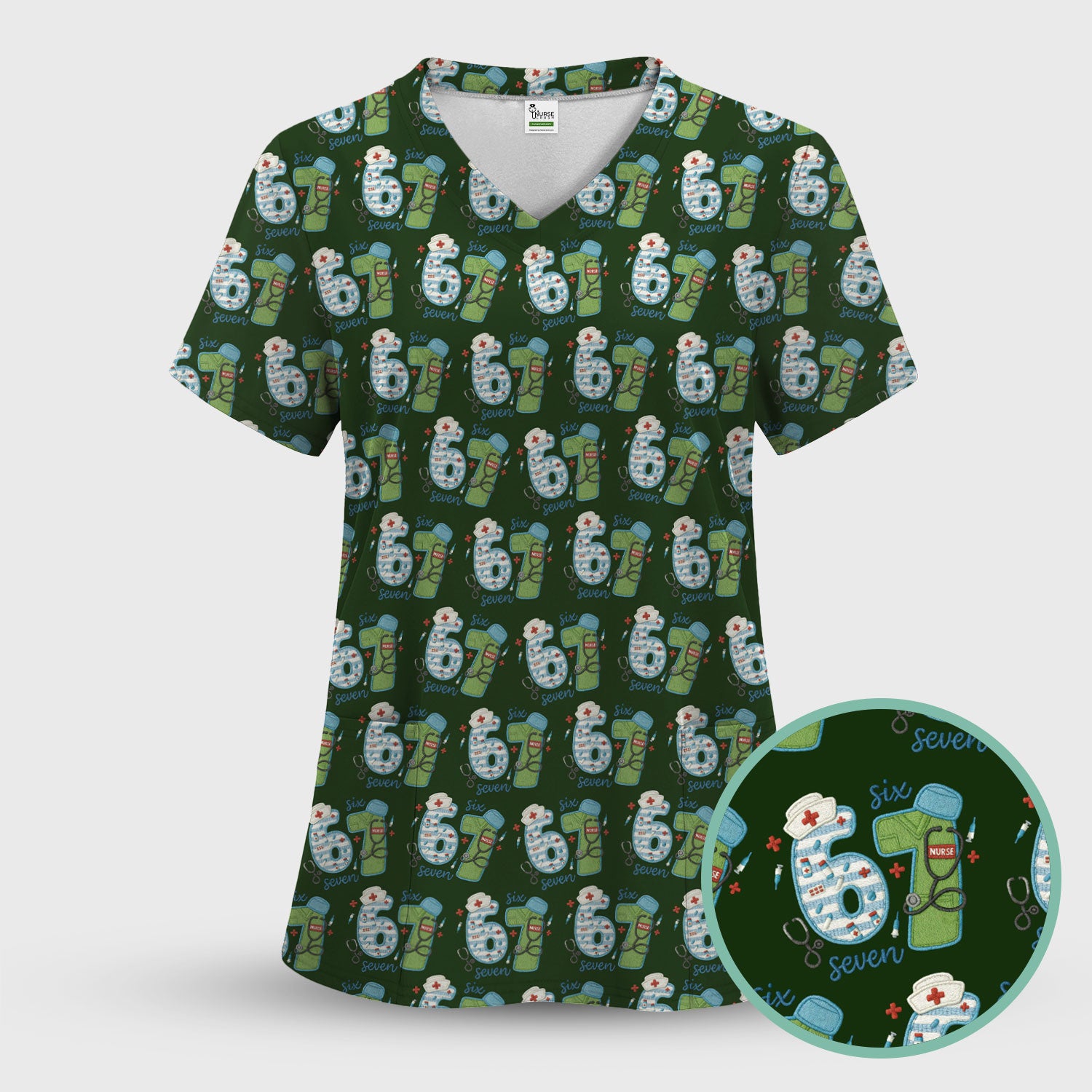 Nurse Six Seven Pattern Scrub Top, Cute Medical Number Print Shirt for Nursing Professionals