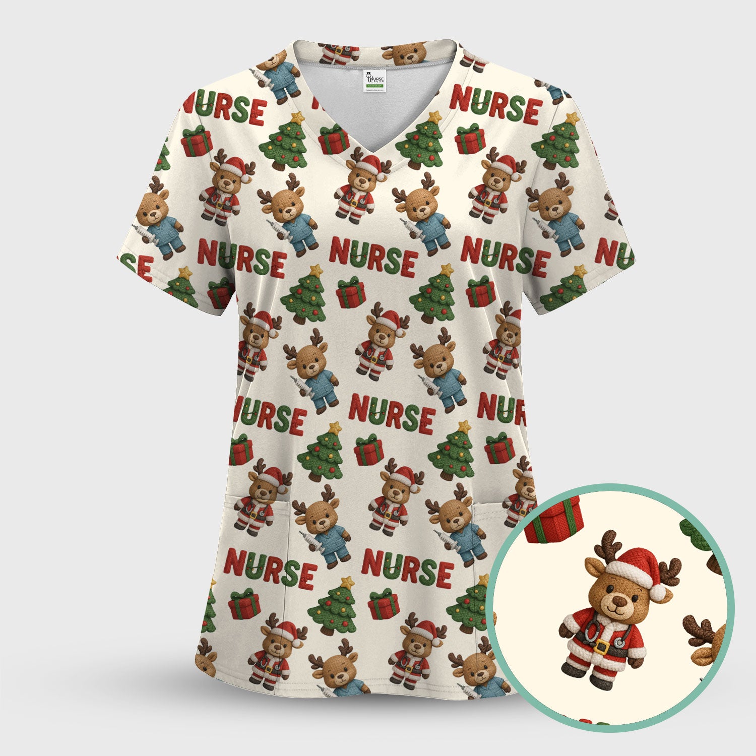 Reindeer Christmas Scrub Top, Cute Holiday Nurse Scrub Shirt, Festive Pattern Nursing Uniform