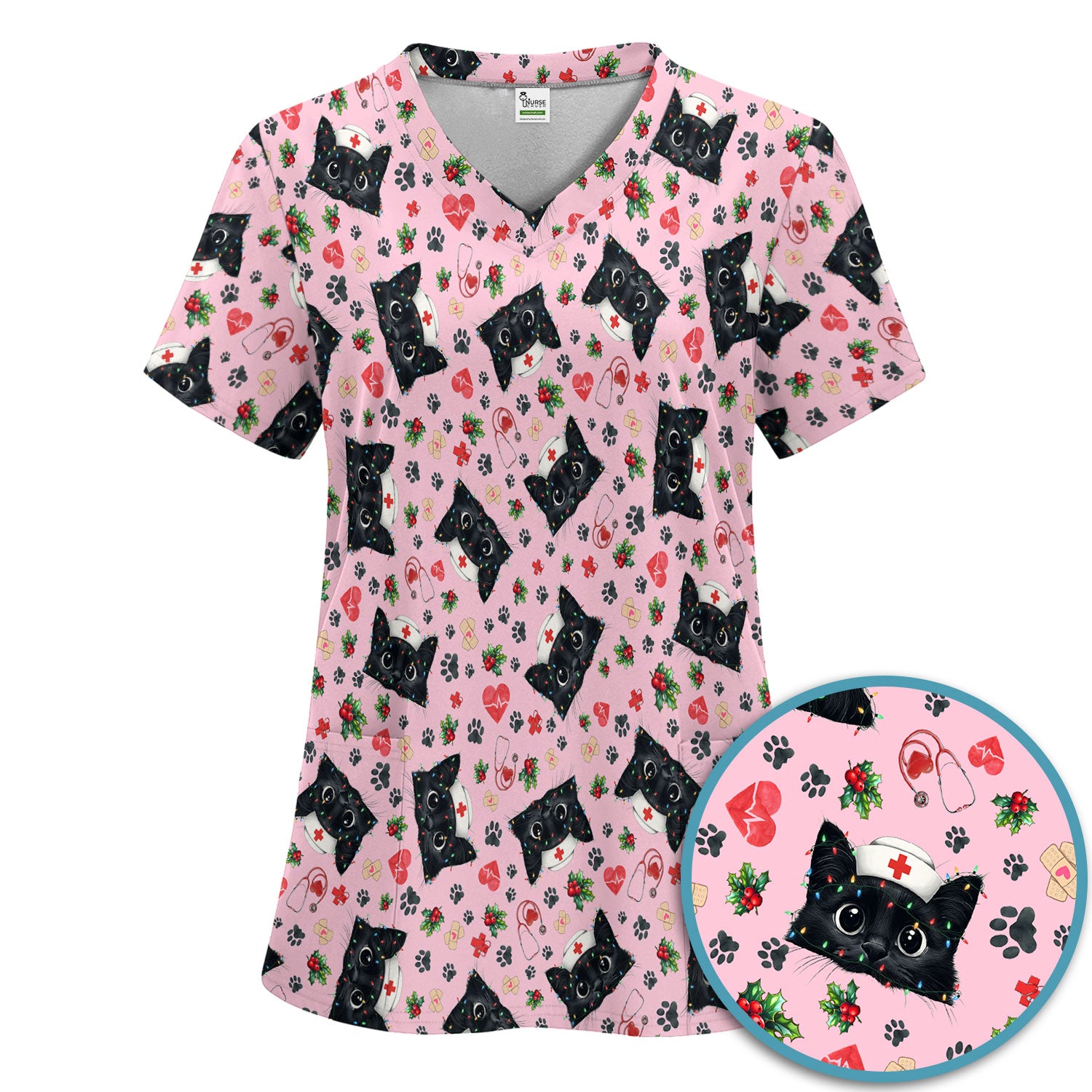 Funny Cats Scrub Set for Nurses - Black Kittens Christmas Scrubs Pants and V Neck Top - Jolly Medical Uniform Gift for RN CNA LPN