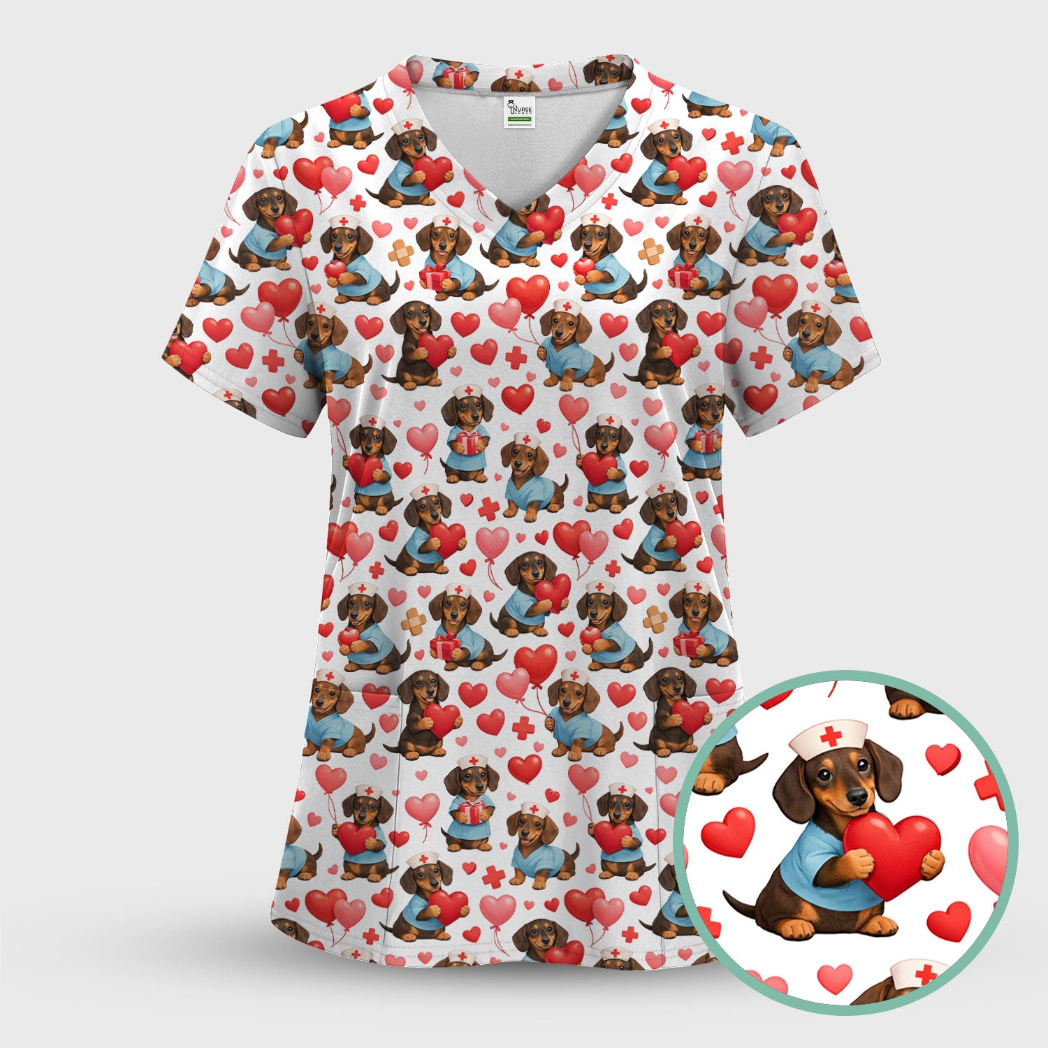 Dachshund Valentine Nurse Scrub Top, Cute  Wiener Dog Medical Pattern Shirt, Breathable Fabrics Nursing Uniform