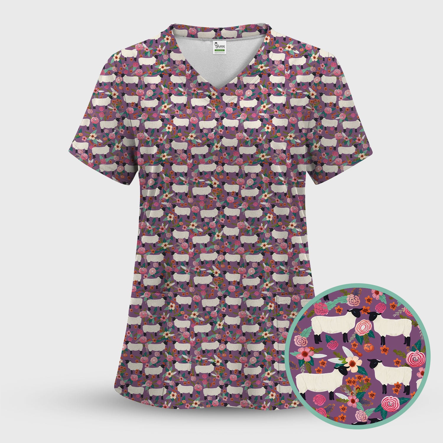 Cute Sheep Floral Meadow Pattern Scrub Set, Nurse Uniform Scrubs Set