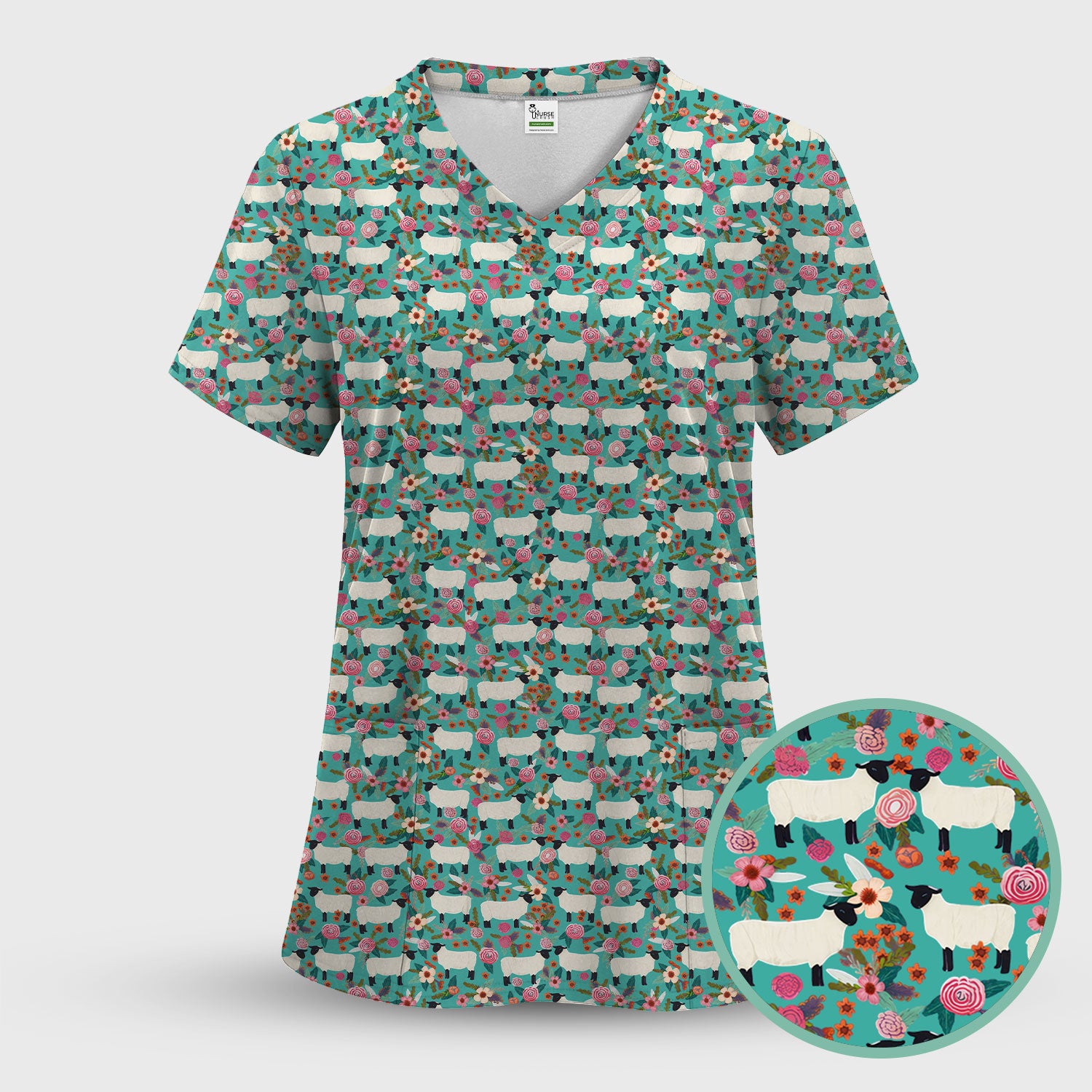Cute Sheep Floral Meadow Pattern Scrub Set, Nurse Uniform Scrubs Set
