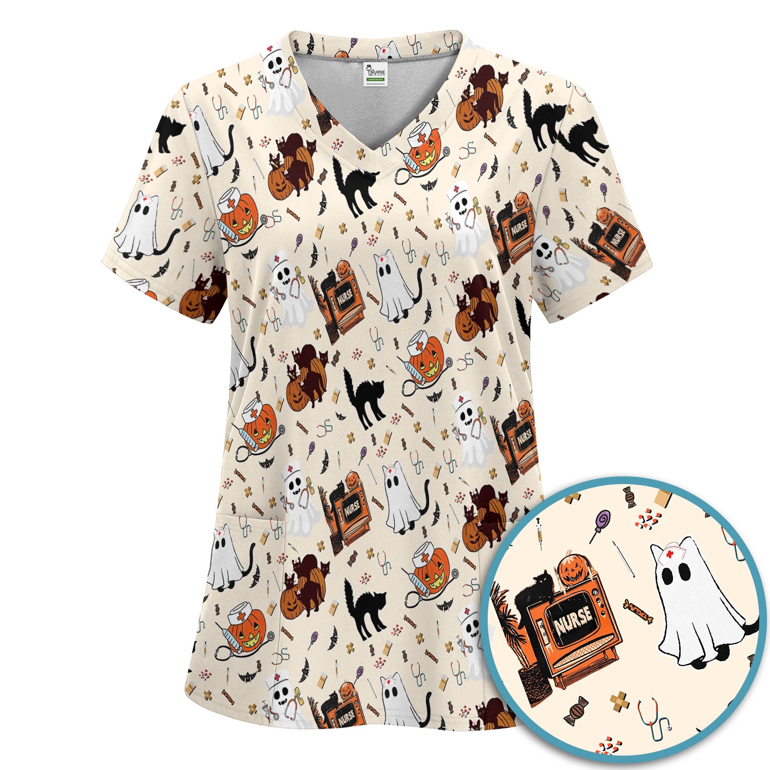 Halloween Scrub Set for Nurse - Cute Pumpkin Ghost Cat Medical Pants and V Neck Top - Spooky Uniform for Women RN CNA LPN