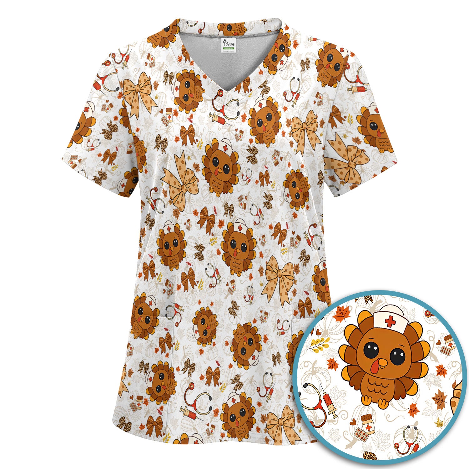 Thanksgiving Turkey Nurse Scrub Set for Women - Cute Fall Leaves and Bow Scrub Pants and V Neck Top - Autumn Medical Uniform