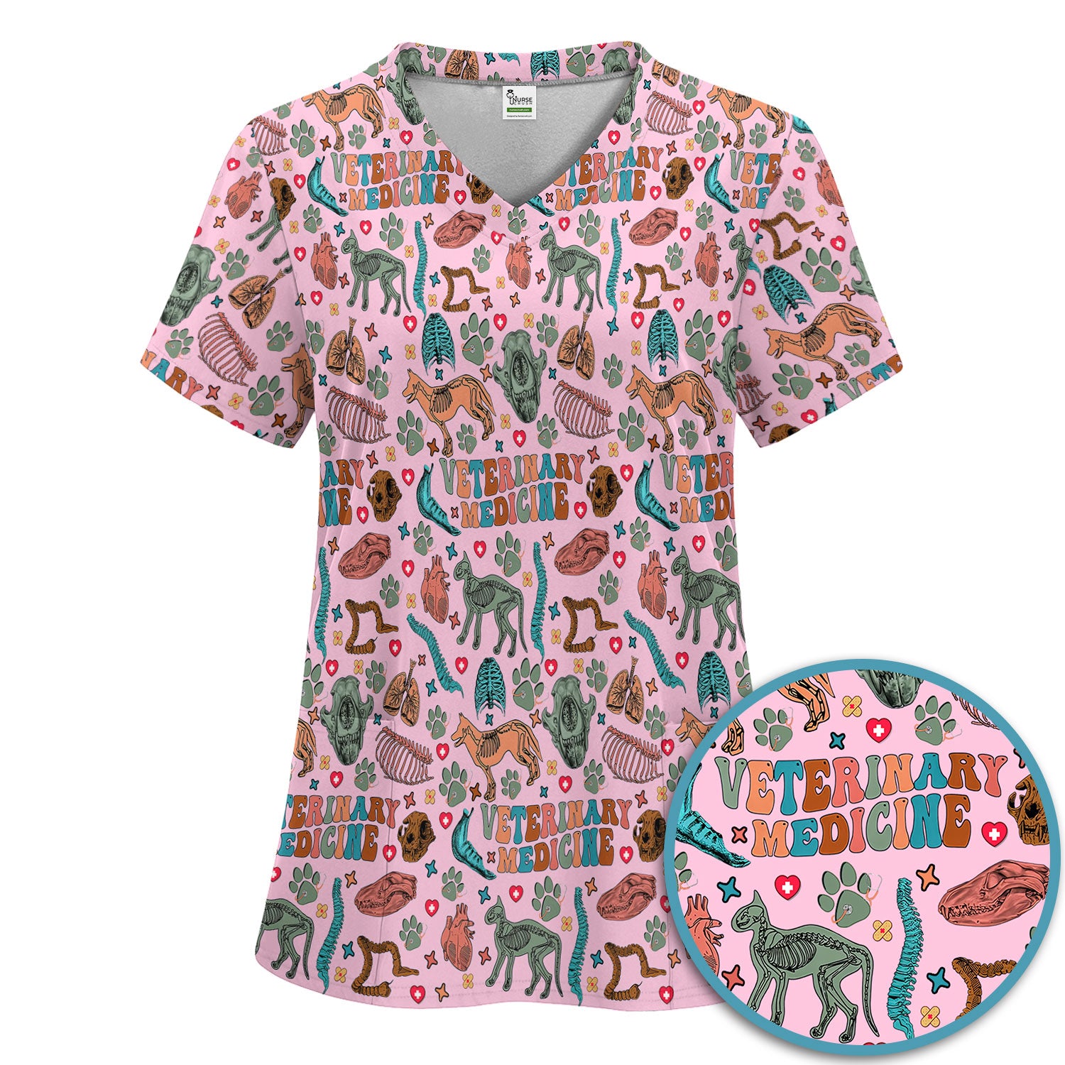 Veterinary Medicine Scrub Set - Cute Animal Anatomy Scrubs Pants and V Neck Top - Fun Vet Tech Nurse Uniform for Women
