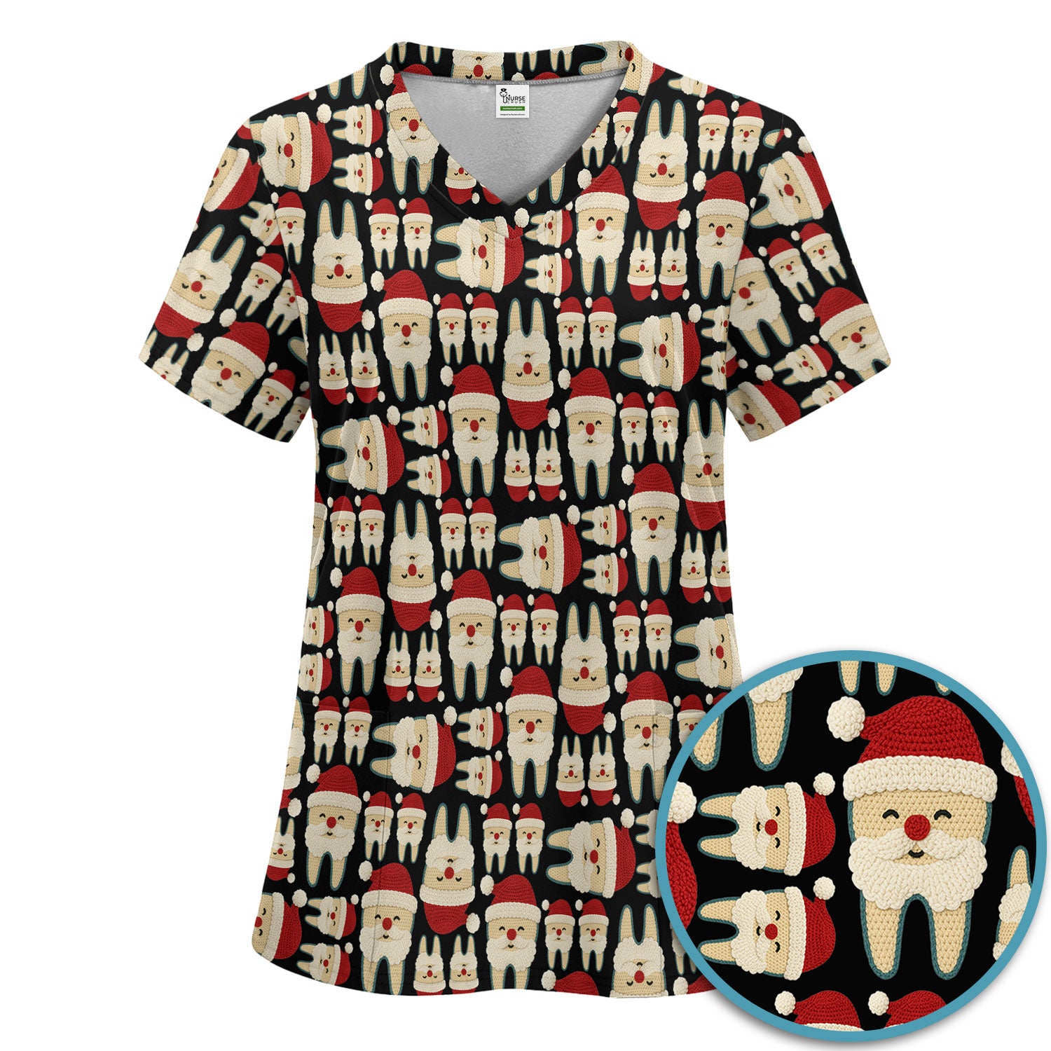 Christmas Tooth Scrub Set - Cute Santa Tooth Pattern for Dentists & Hygienists - Crochet Style Holiday Medical Uniform for Women