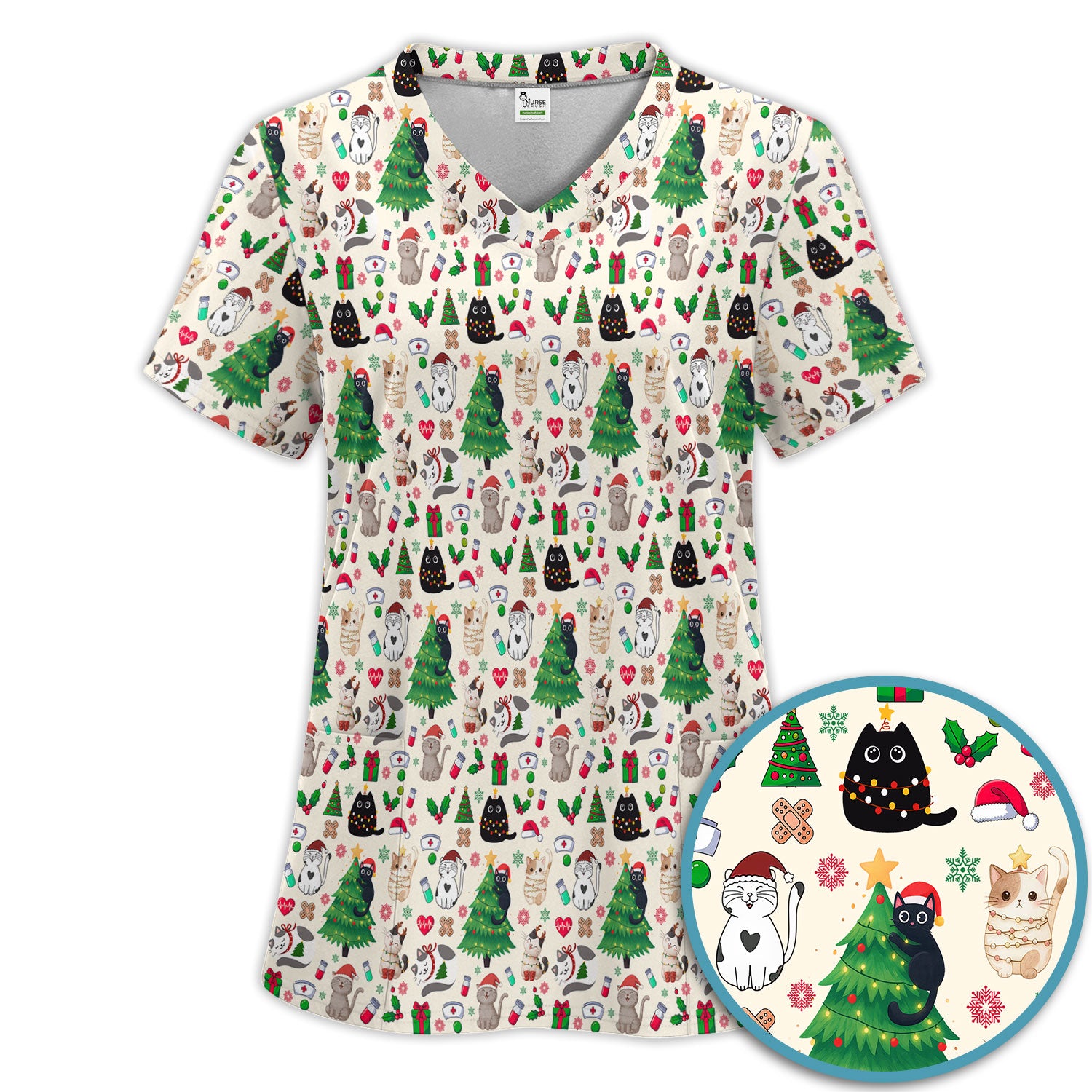 Christmas Cat Scrub Set, Xmas Pet Pattern Scrub Shirt, Breathable Fabrics Nursing Uniform
