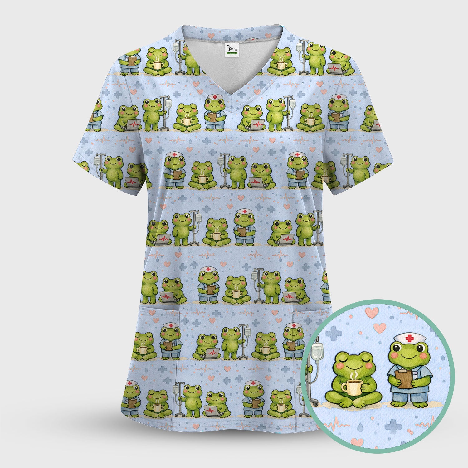 Adorable Frog Nurse Various Poses Print Scrub Top, Comfortable Scrubs for Nurses