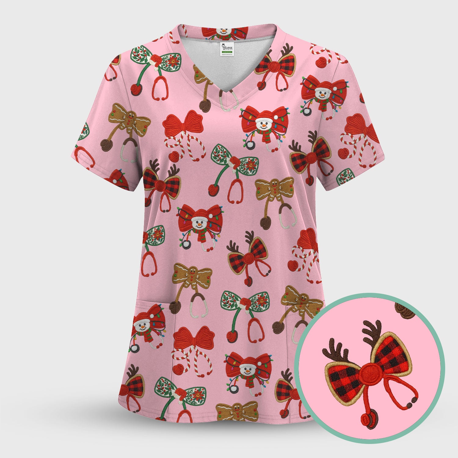 Christmas Stethoscope Bow Nurse Scrub Top, Xmas Pattern Scrub Shirt, Holiday Nursing Uniform