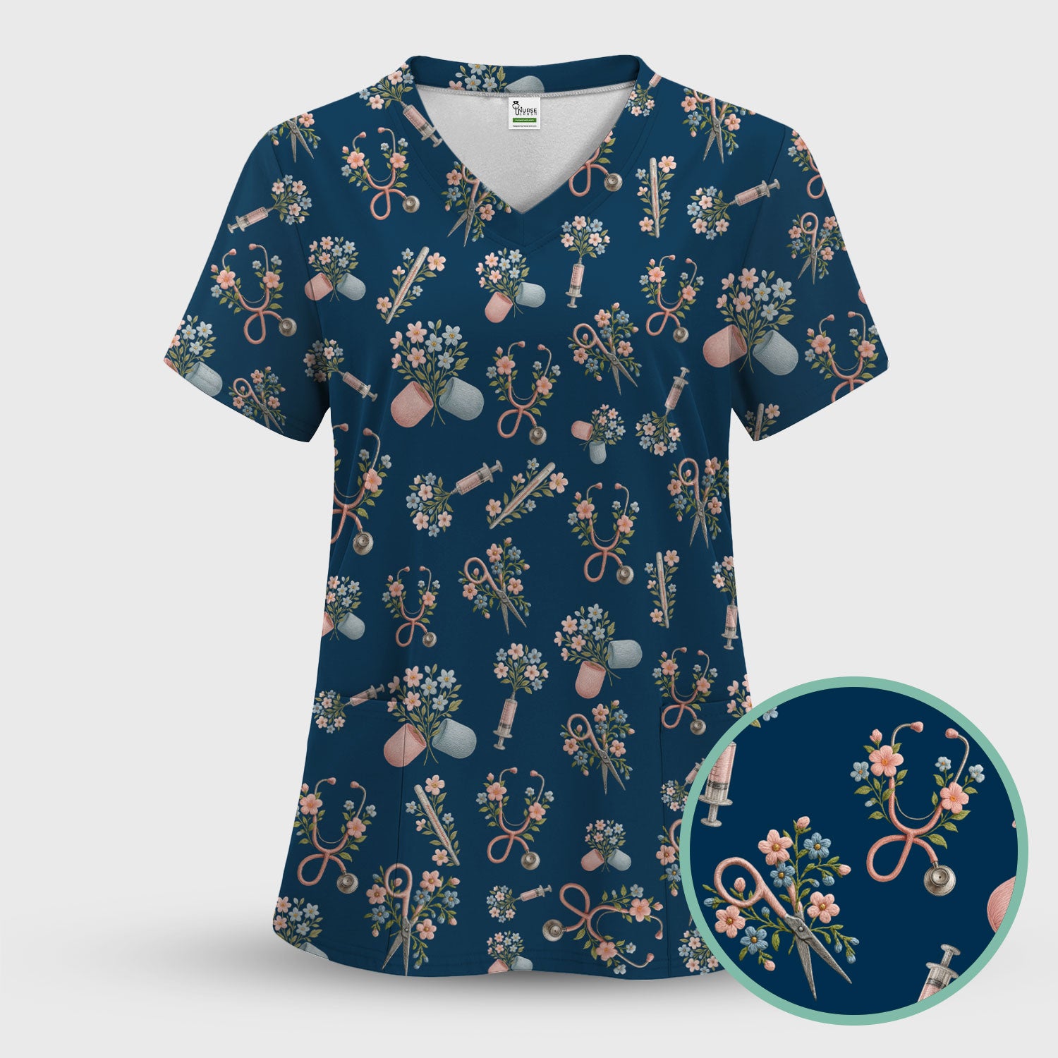 Floral Medical Scrub Top, Elegant Stethoscope With Flower Nursing Shirt, Breathable Fabrics Nurse Uniform