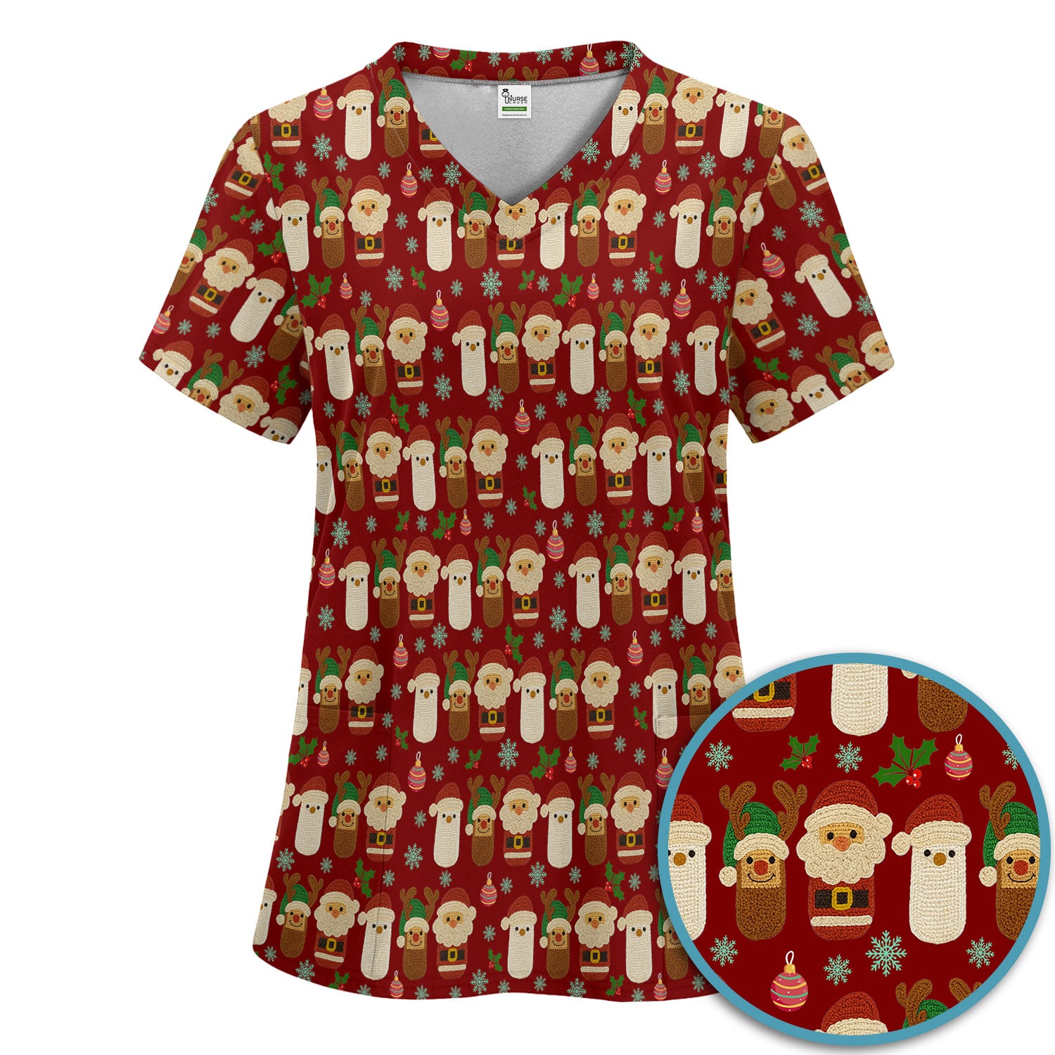 Christmas Santa Reindeer Snowman Scrub Set - Holiday Chill Pill Scrubs Pants and V Neck Top - Funny Medical Uniform for Women