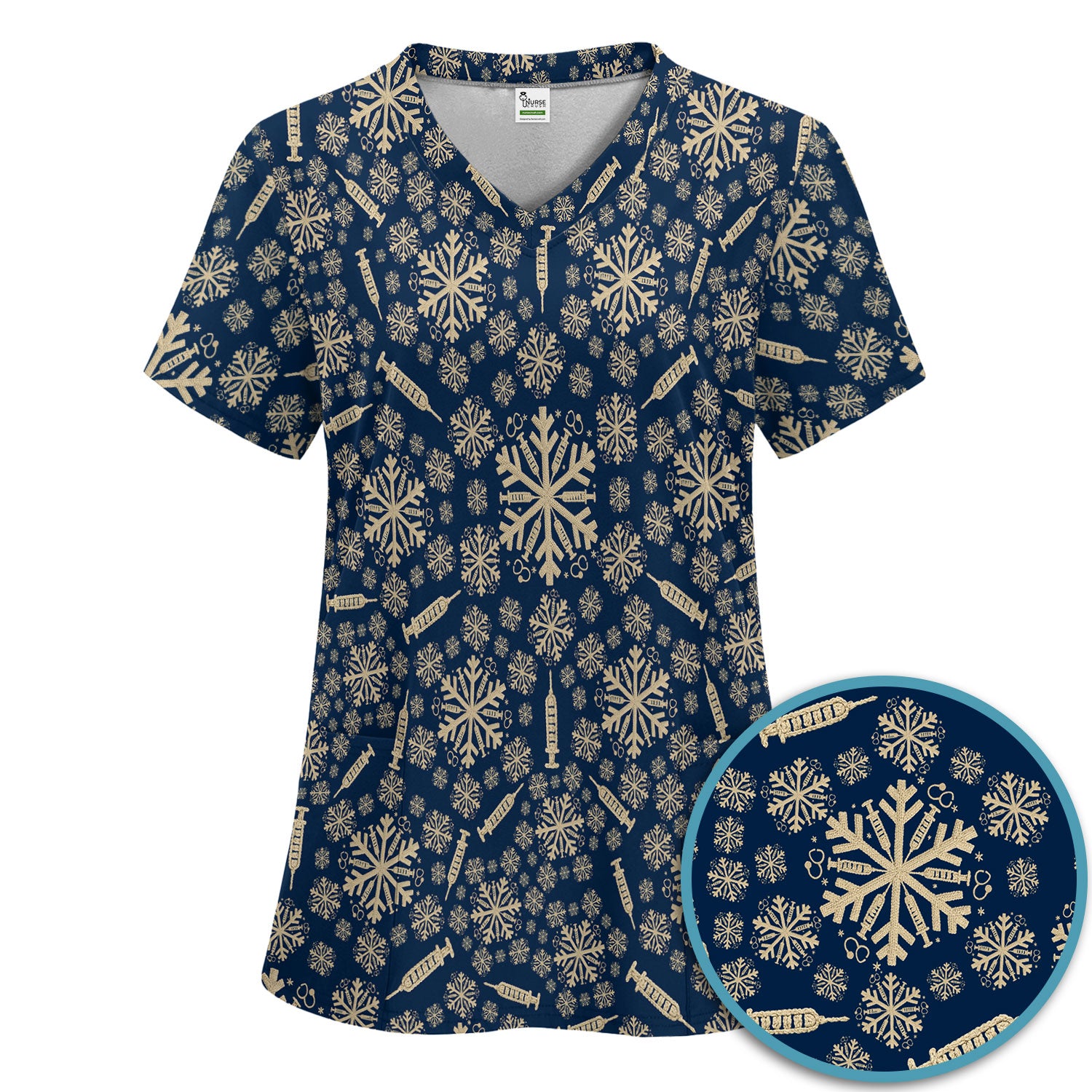 Snowflake Syringe Scrubs Pants and V Neck Top for Women - Winter Snow Medical Set - Funny Christmas Gift for Nurse