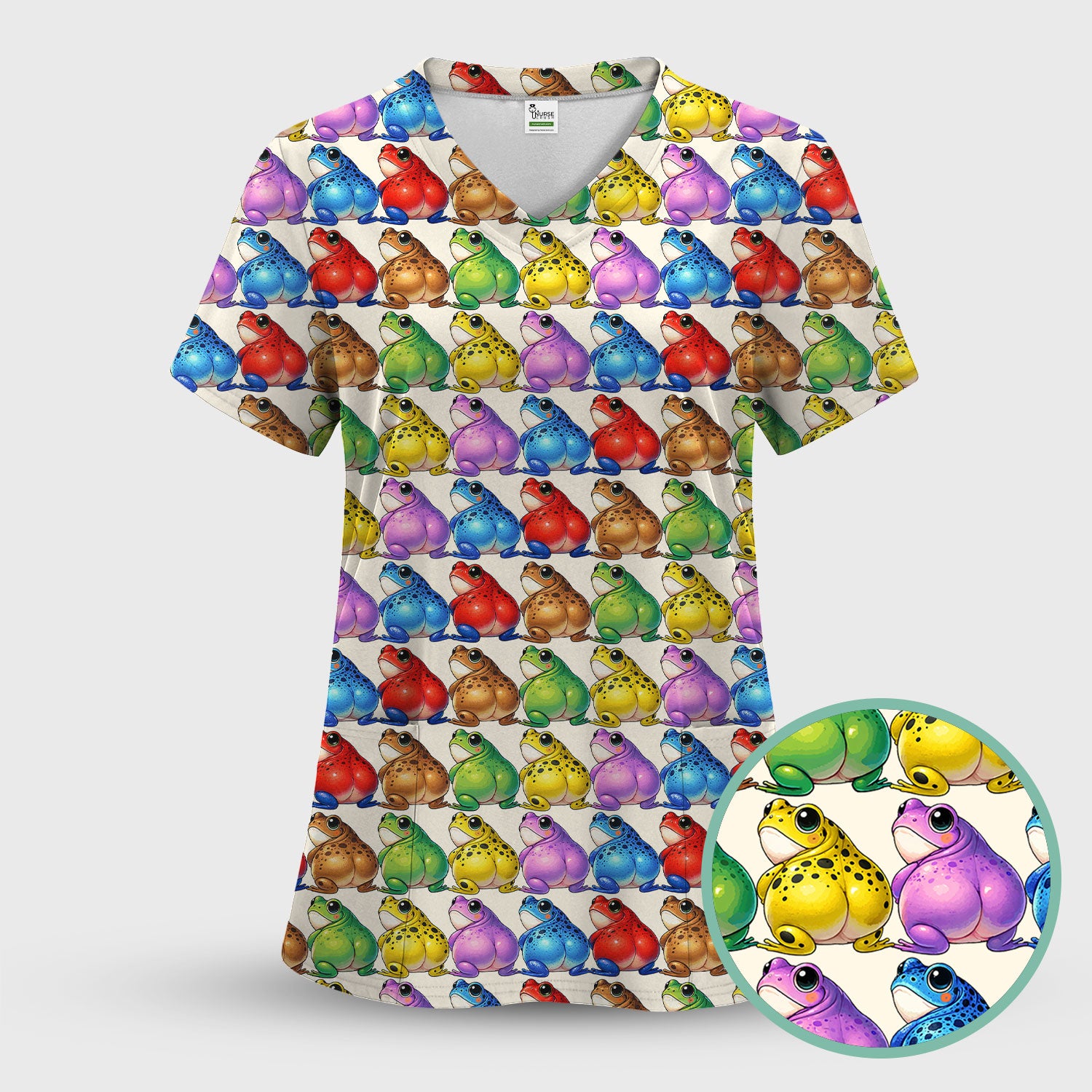 Funny Colorful Frogs Pattern Scrubs Sets, Scrub Pants and V Neck Top