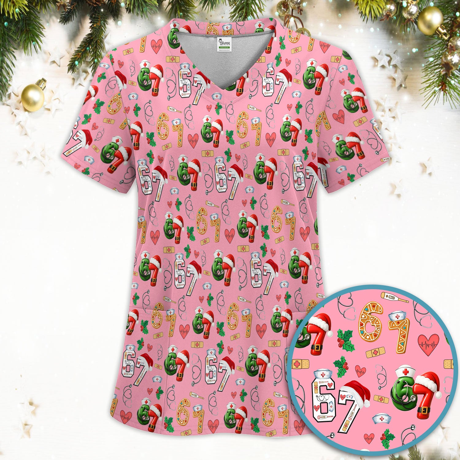Christmas Nurse 67 Pattern Scrub Set, Cute Holiday Medical Uniform With Santa Hat, Uniform For Nursing