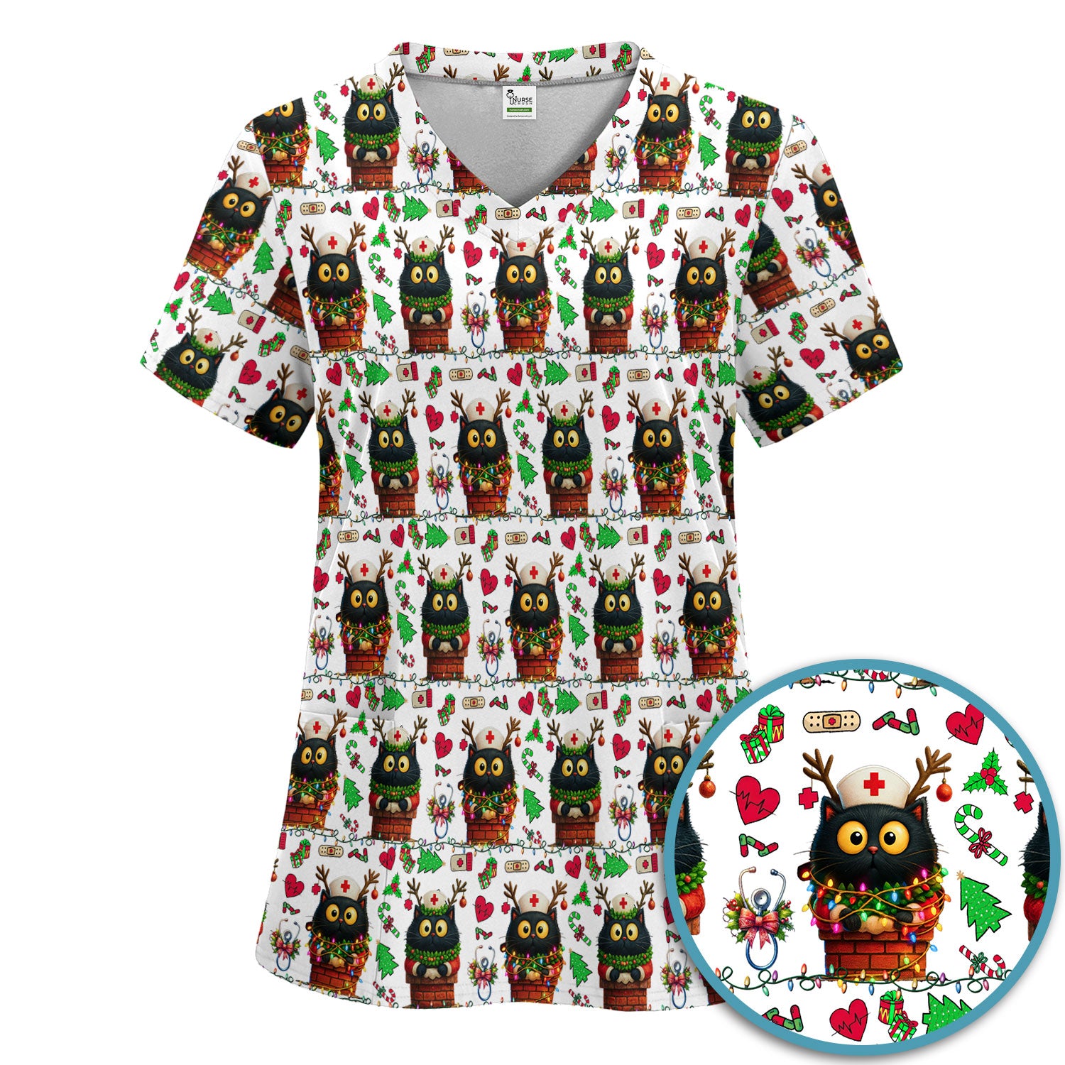 Christmas Black Cat Scrub Set for Nurse - Cute Reindeer Cat with Xmas Lights Pants and V Neck Top - Festive Holiday Medical Uniform