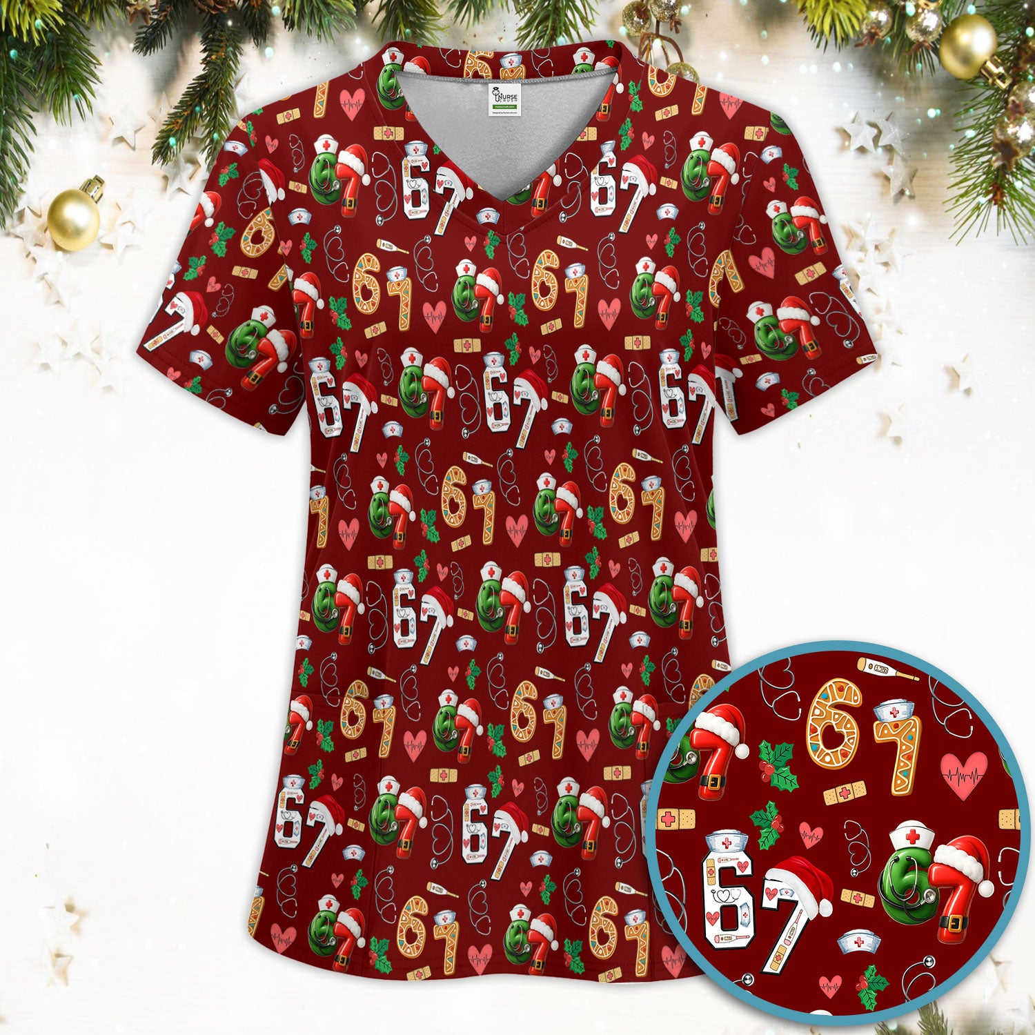 Christmas Nurse 67 Pattern Scrub Set, Cute Holiday Medical Uniform With Santa Hat, Uniform For Nursing