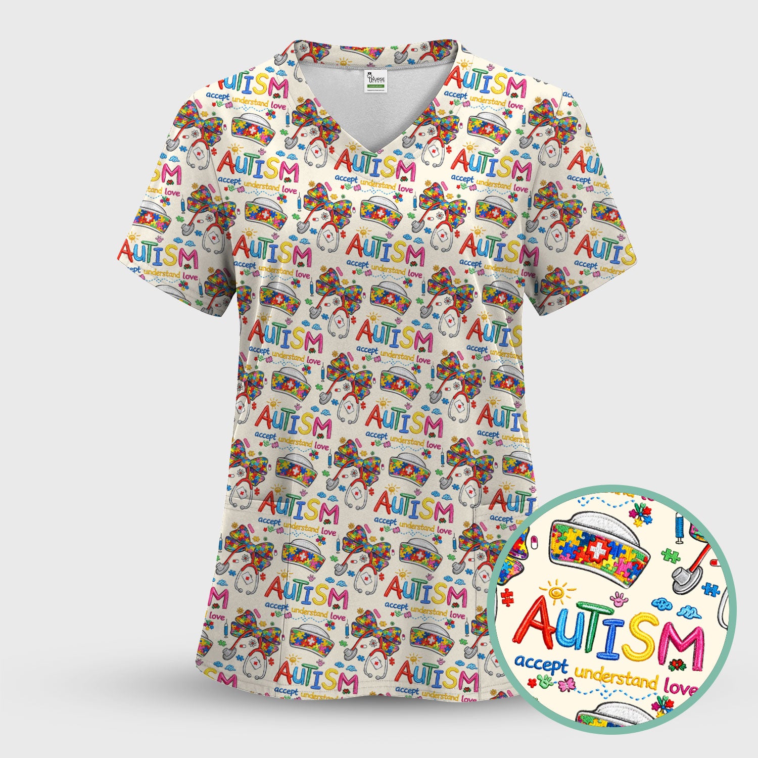 Autism Awareness Pattern Nurse Scrub Top, Accept Understand Love Puzzle Nurses Shirt, Breathable Fabrics Nursing Uniform