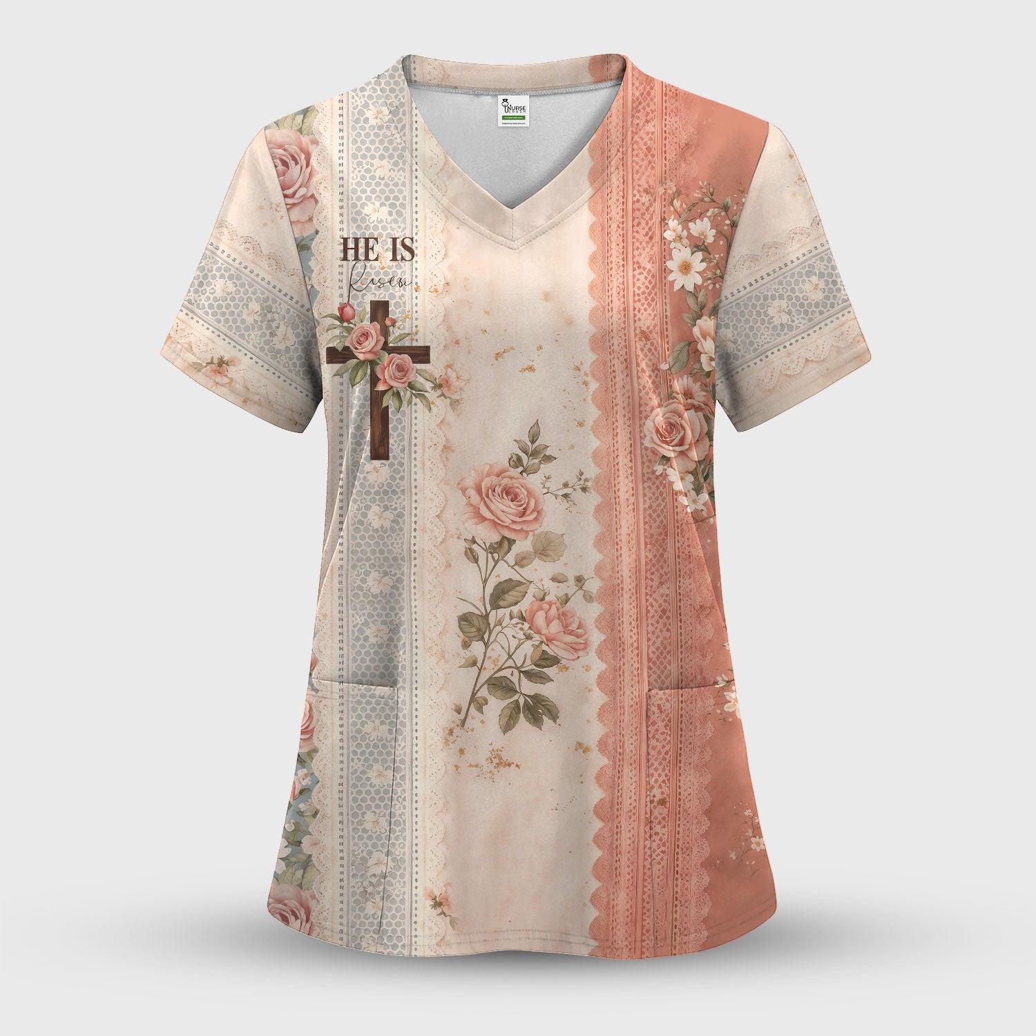 Inspirational Christian Cross Rose He Is Risen Vintage Floral Pattern Scrub Set, Scrub Pants and V Neck Top