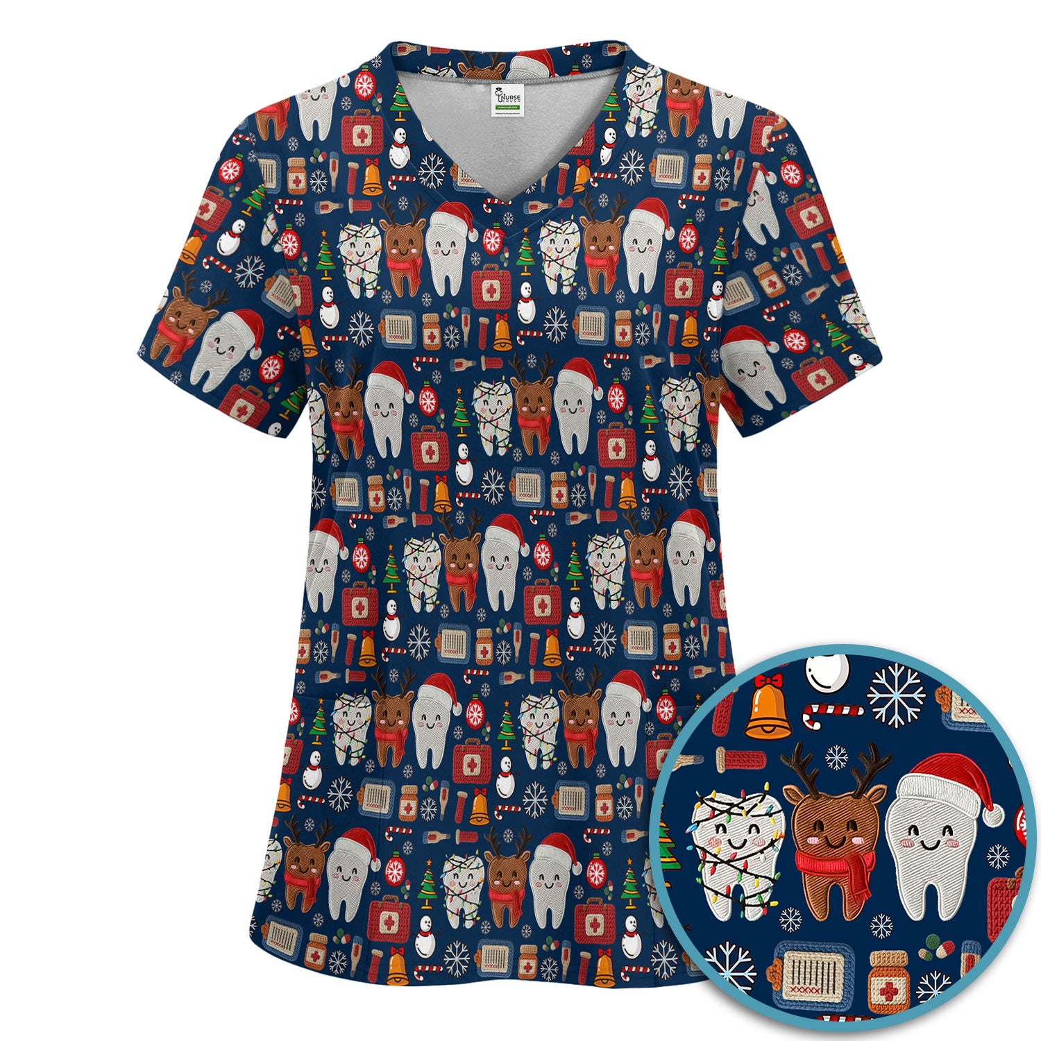 Christmas Dental Scrub Set - Cute Santa & Reindeer Tooth Pants and V Neck Top - Funny Gift for Dentists, Hygienists, Nurses