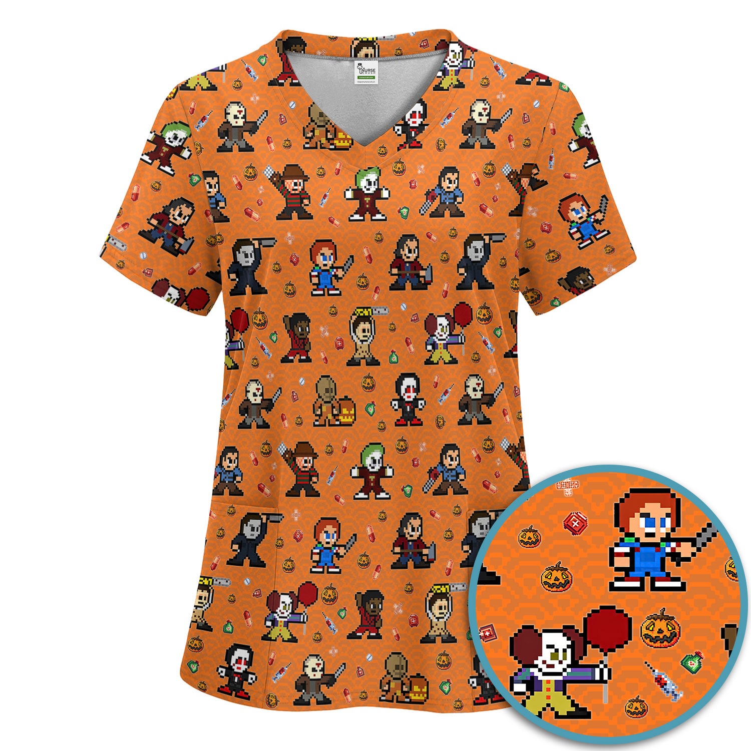 Halloween Women's Scrub Sets - Comfortable Scrubs for Nurses - Horror Movie Scrub Pants and V Neck Top - Breathable Med Uniform