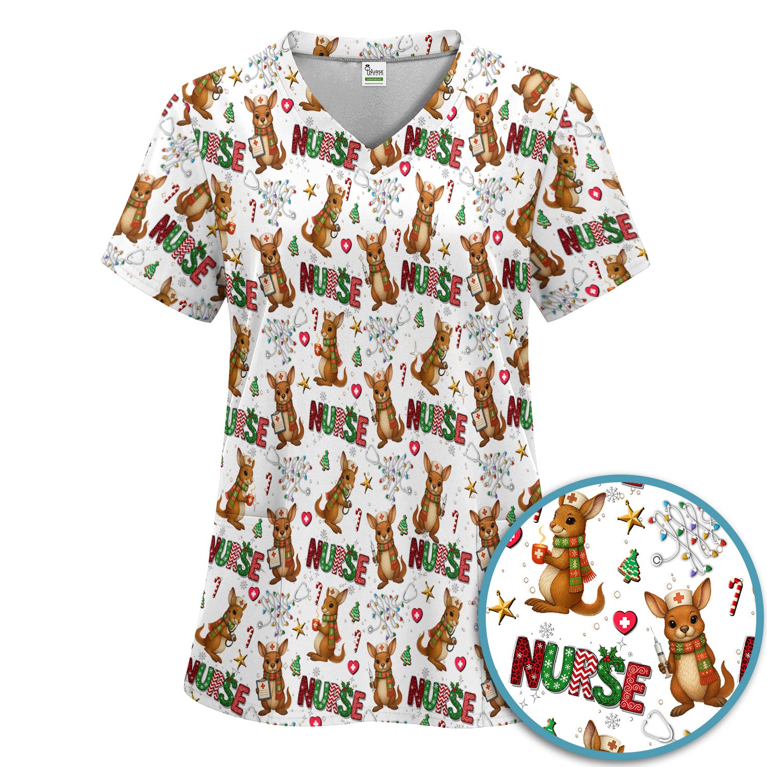 Aussie Kangaroo Christmas Scrub Set - Funny Holiday Nurse Shirt and Pants for Women - Cute Animal Medical Uniform