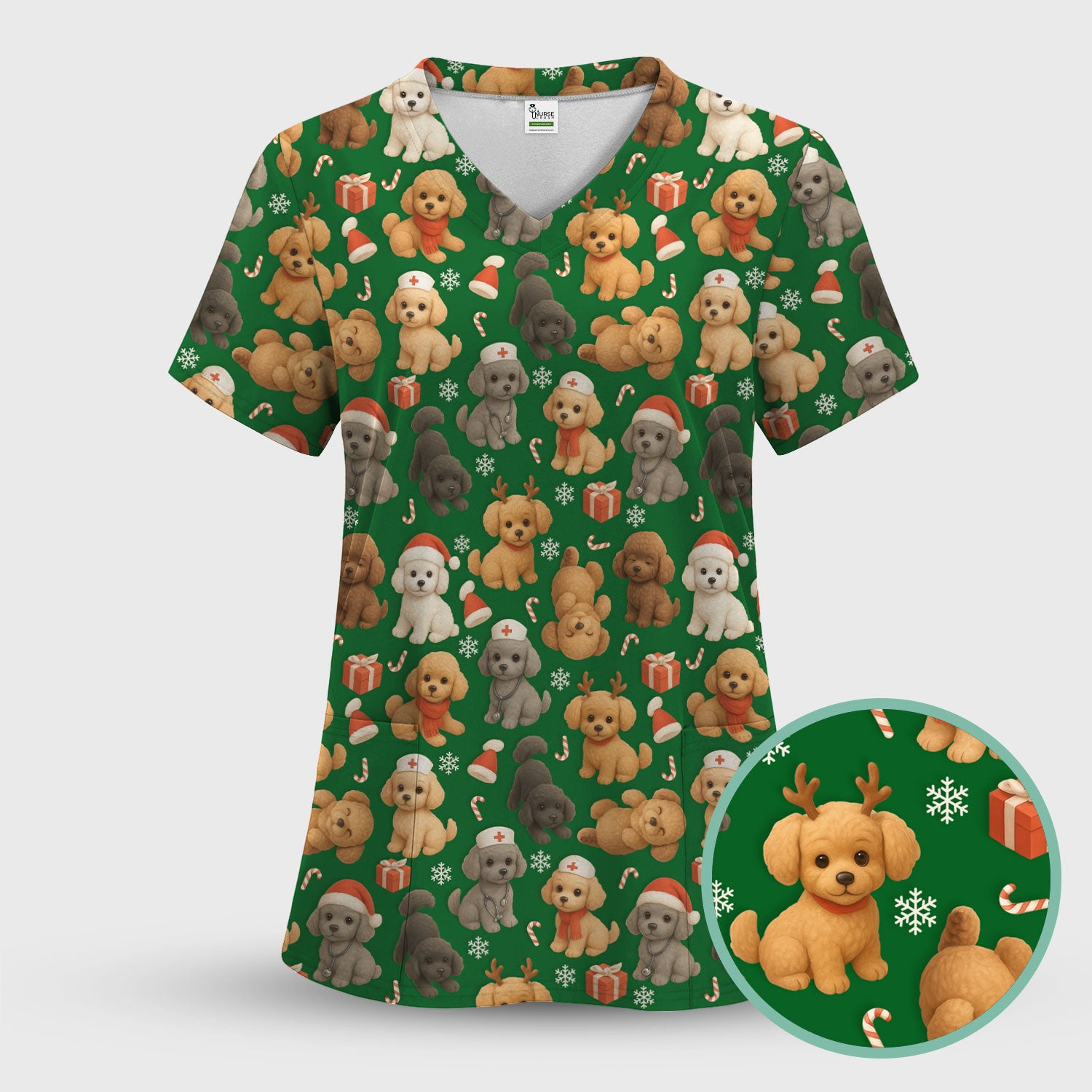 Christmas Poodle Scrubs for Women - Cute Dog Pattern Medical Scrub Top - Festive Holiday Christmas Scrubs with Adorable Poodle Design