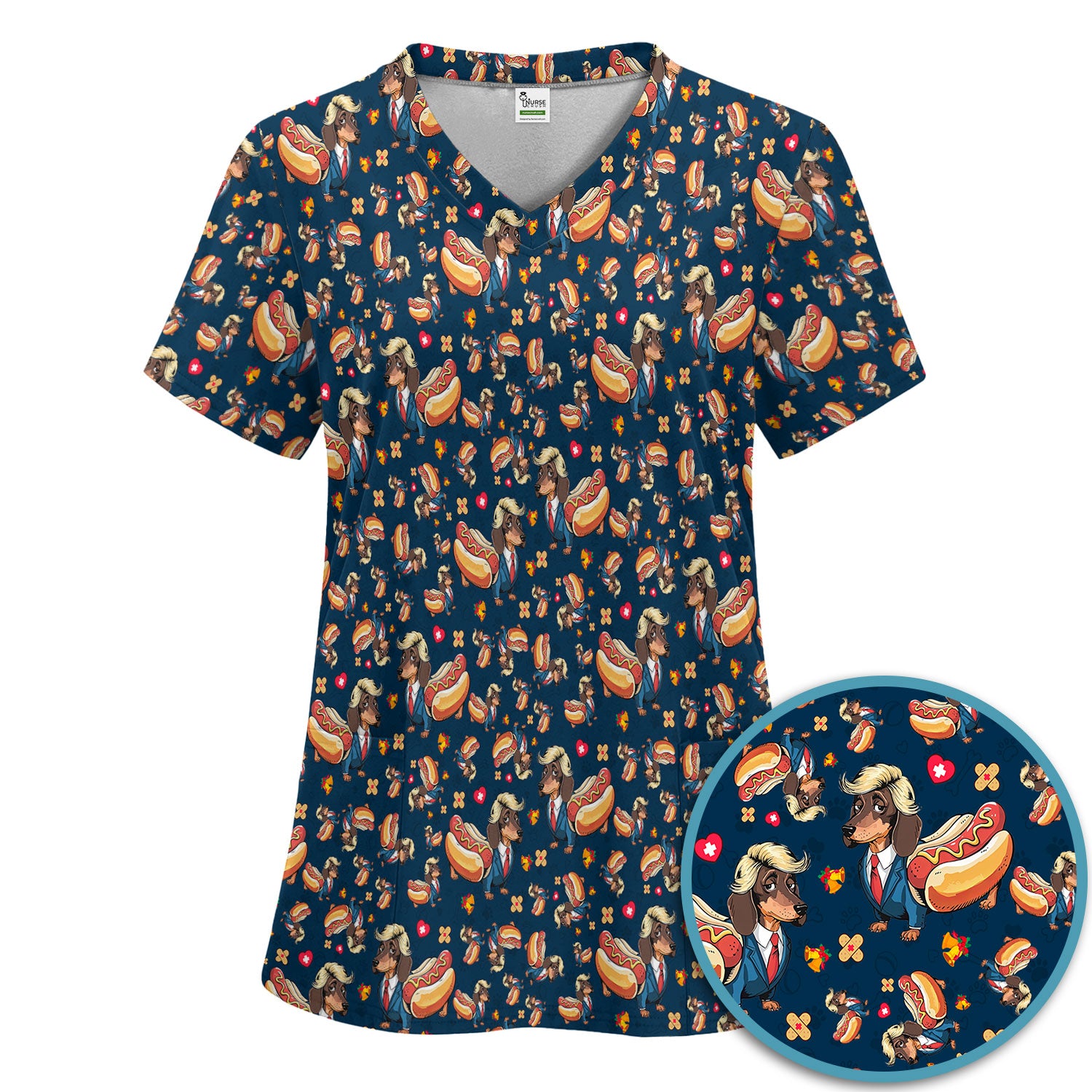 Dachshund Hot Dog Nurse Scrub Set - Funny Sausage Dog Pants and V Neck Top - Medical Uniform Gift
