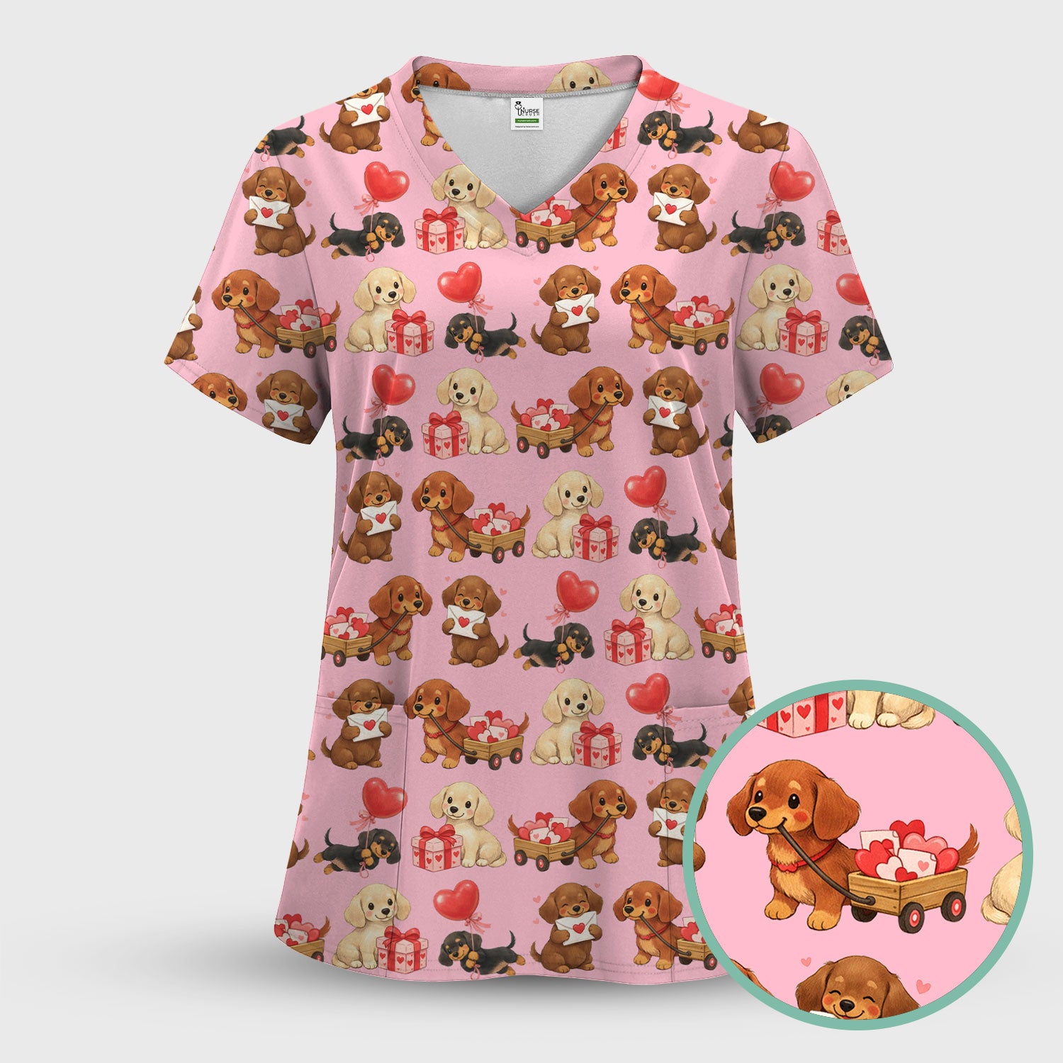 Cute Dachshund Nurse Scrub Top For Nurses, Wiener Dog Pattern Nurse Shirt, Breathable Fabrics Nursing Uniform