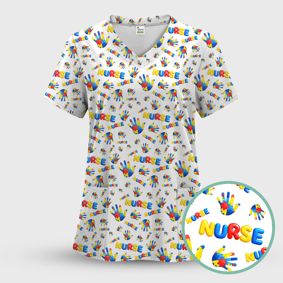 Colorful Autism Handprint Nurse Pattern Scrubs Set, Scrub Pants and V Neck Top