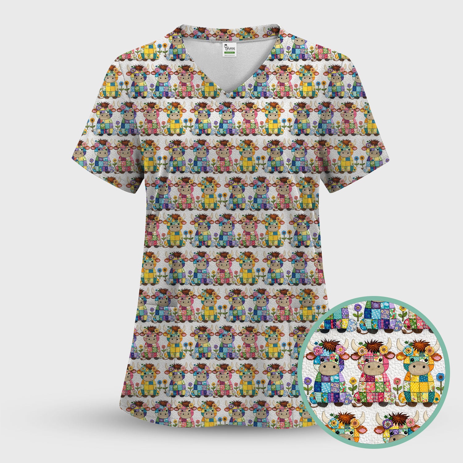 Cute Patchwork Cow With Flowers Pattern Scrubs Top, Comfortable Scrubs for Nurses