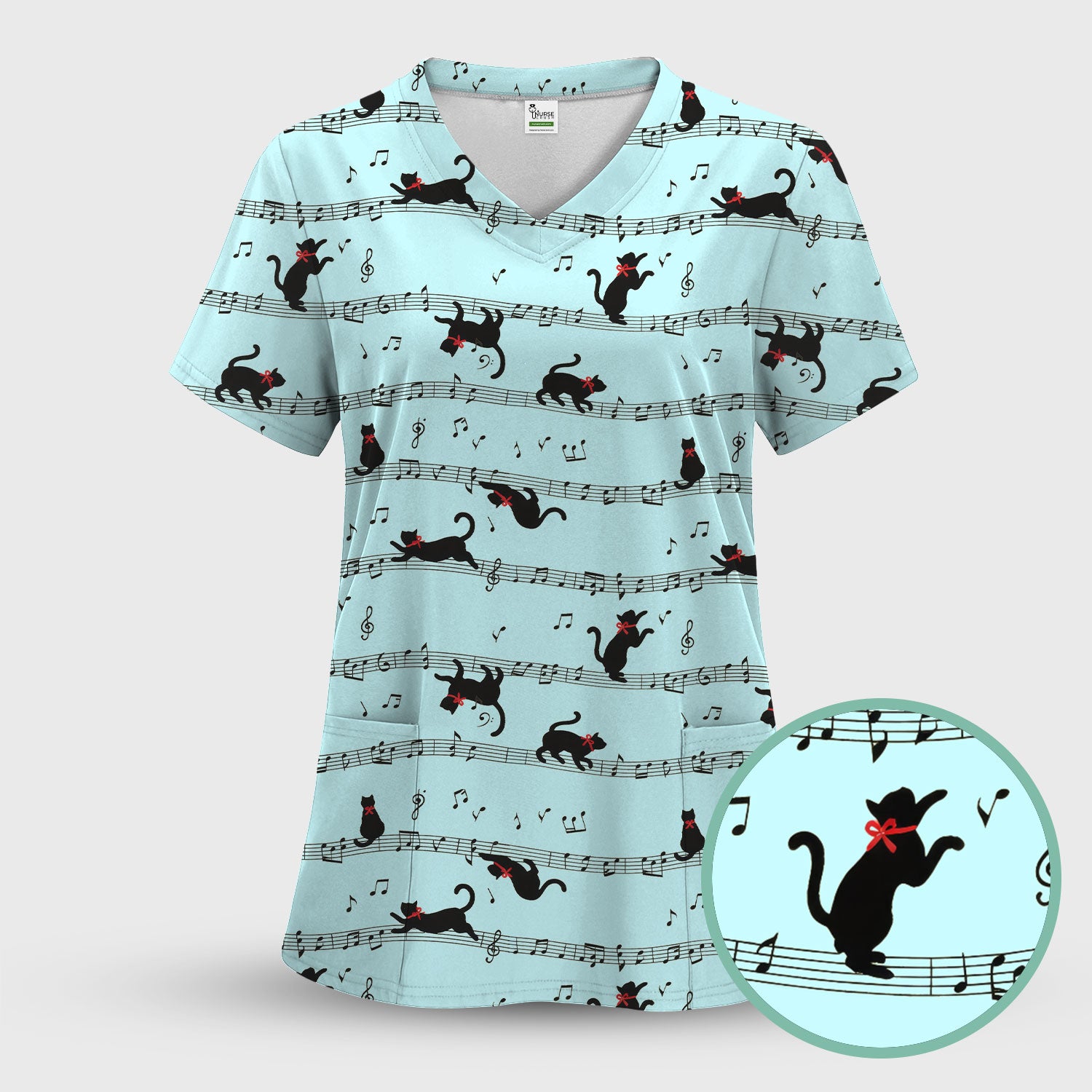 Cute Dancing Black Cat Music Staff Pattern Scrub Top, Comfortable Scrubs for Nurses