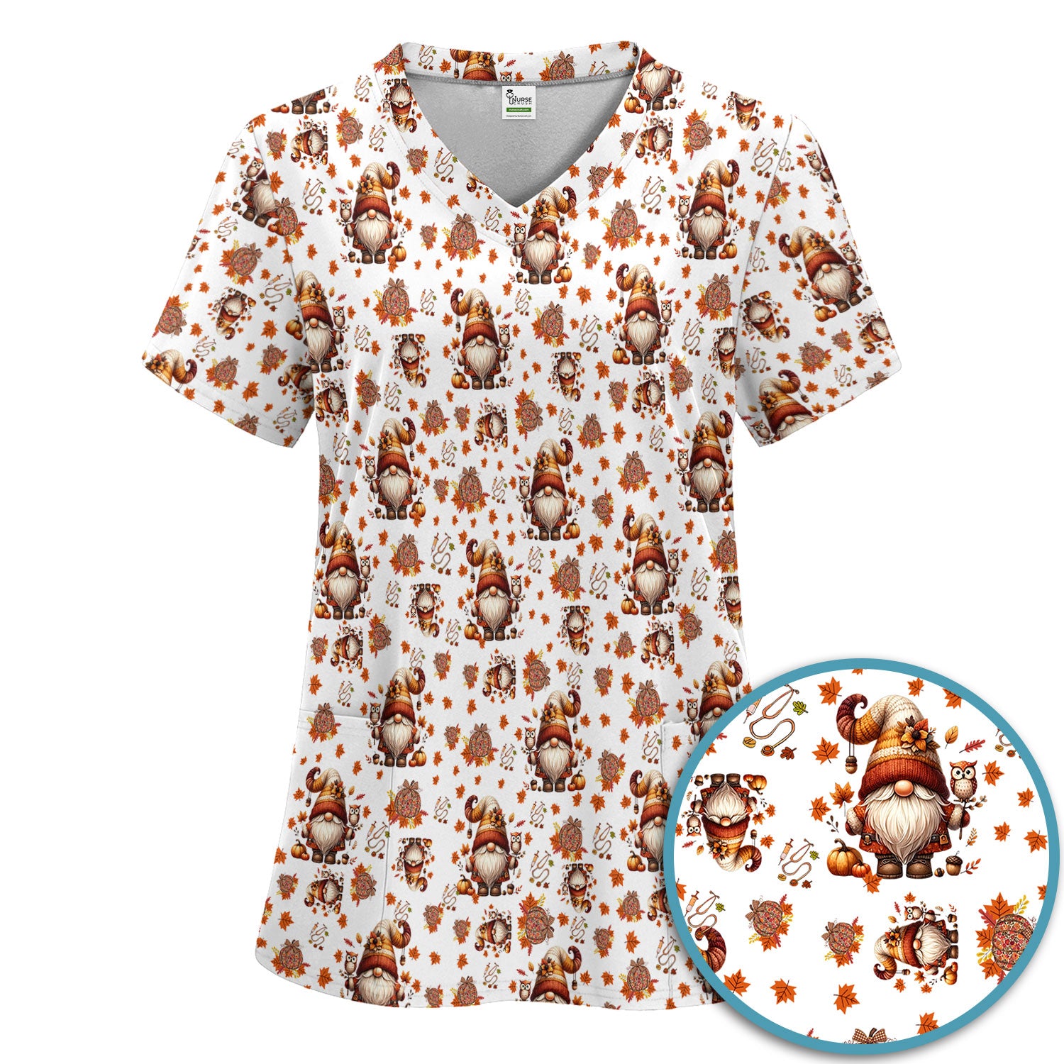 Fall Gnome Women's Scrub Sets - Autumn Leaves Pumpkin Scrub Pants and V Neck Top - Thanksgiving Nursing Uniform