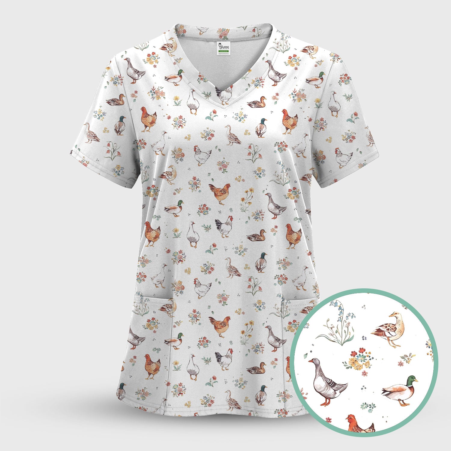 Farm Chicken Duck Floral Pattern Scrubs Top, Comfortable Scrubs for Nurses