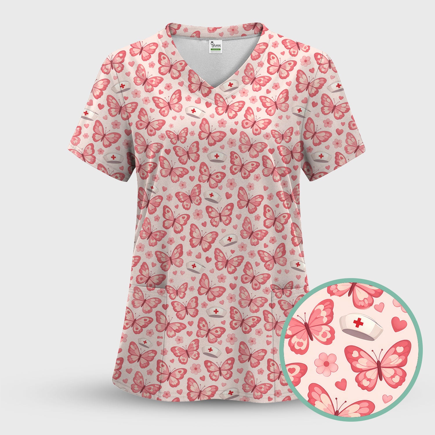 Valentine Butterfly Pattern Nurse Scrub Top, Pink Heart Medical Shirt For Women, Breathable Fabrics Nursing Uniform
