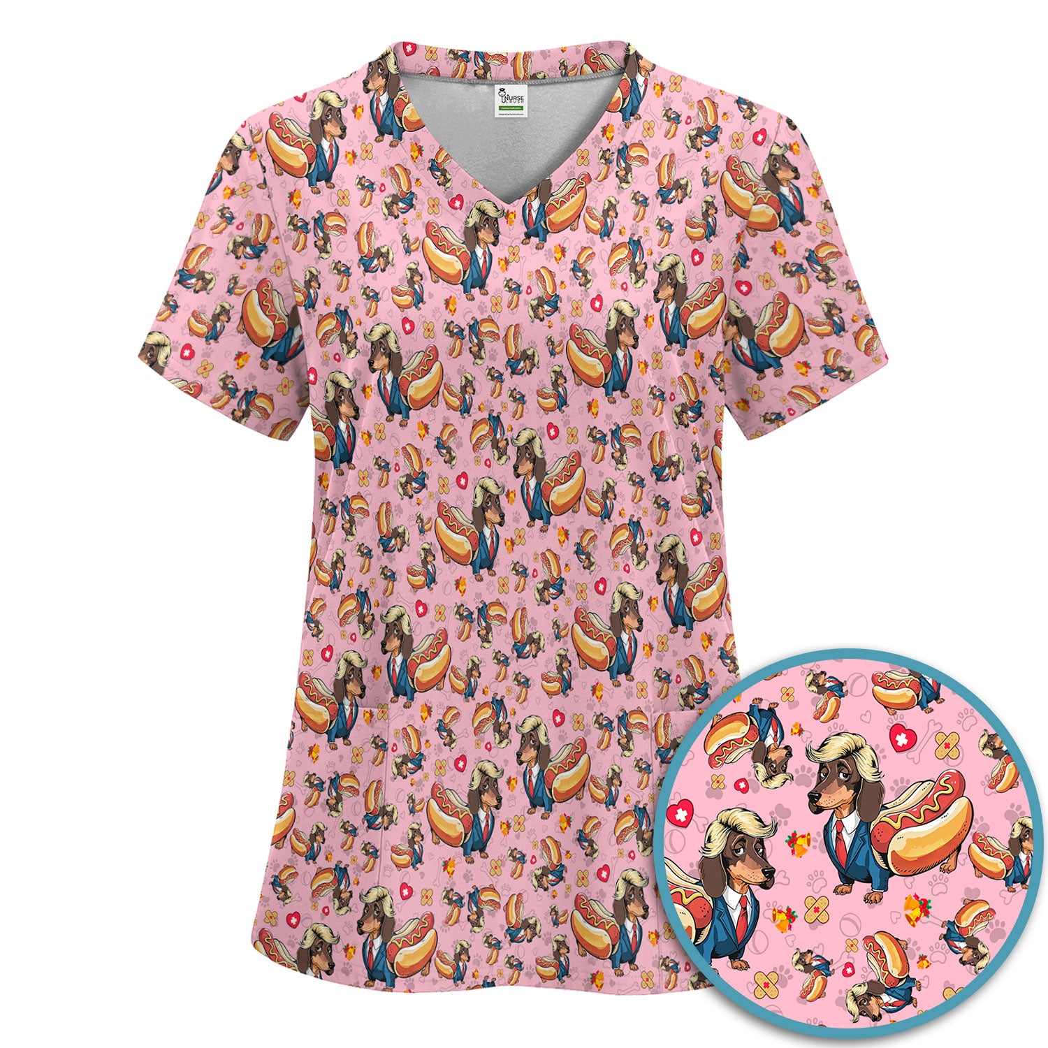 Dachshund Hot Dog Nurse Scrub Set - Funny Sausage Dog Pants and V Neck Top - Medical Uniform Gift