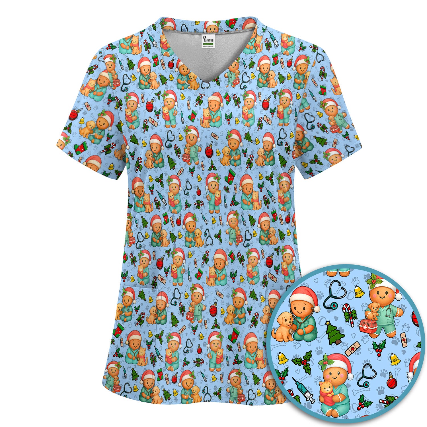 Cute Pharmacy Christmas Scrub Set – Funny Gingerbread Nurse Print Shirt – Festive Holiday Medical Uniform for Pharmacy Tech and Doctor