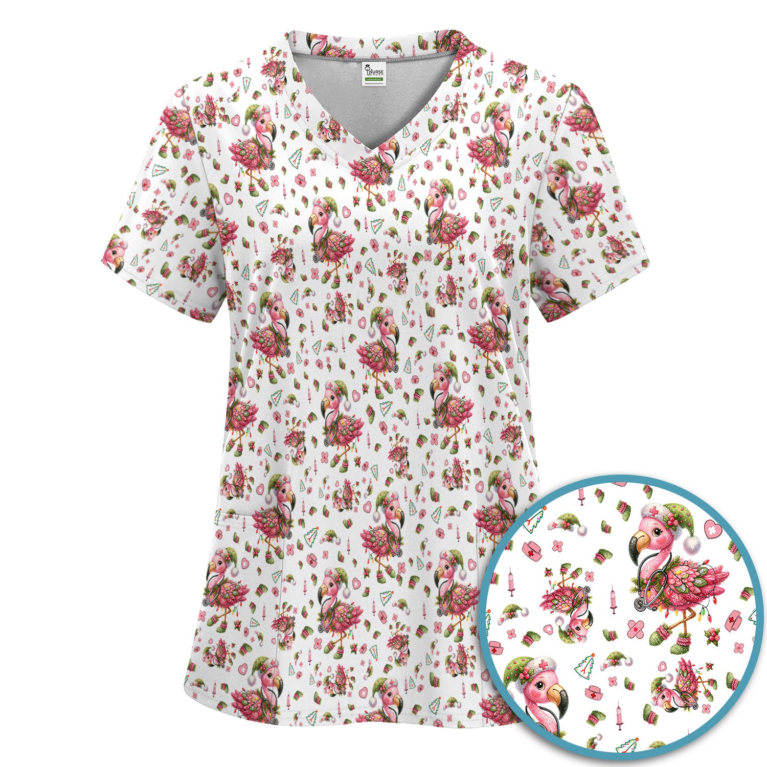 Pink Flamingo Christmas Scrub Set - Cute Flamingo Scrubs Pants and V Neck Top - Fun Christmas Medical Uniform
