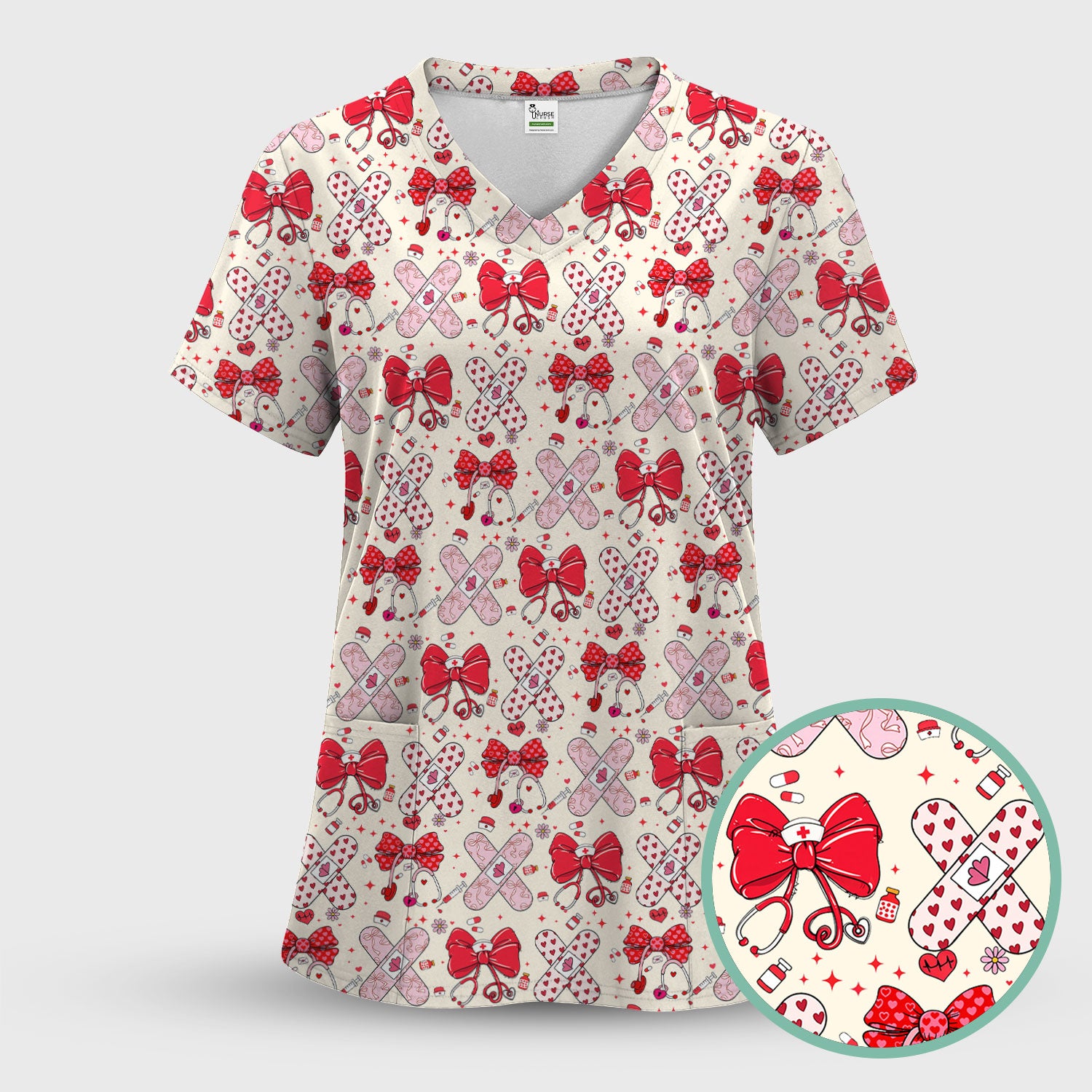 Valentine Nurse Scrub Top, Red Bow And Heart Bandage Pattern Medical Shirt, Breathable Fabrics Nursing Uniform