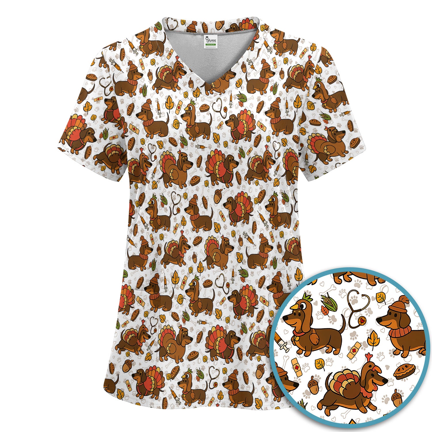 Thanksgiving Dachshund Scrubs Set - Cute Dog Turkey Medical Uniform for Nurses - Funny Holiday Gift for RN CNA LPN