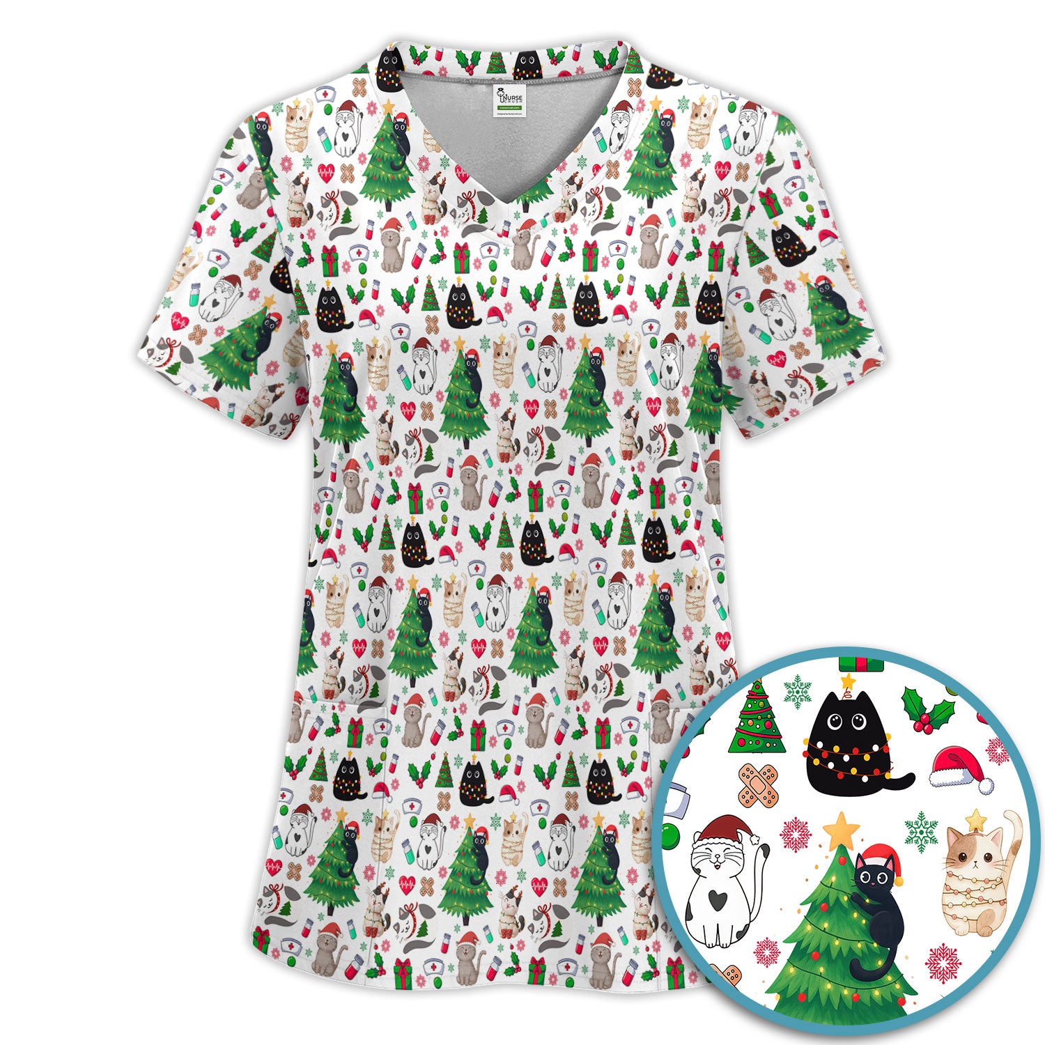 Christmas Cat Scrub Set, Xmas Pet Pattern Scrub Shirt, Breathable Fabrics Nursing Uniform