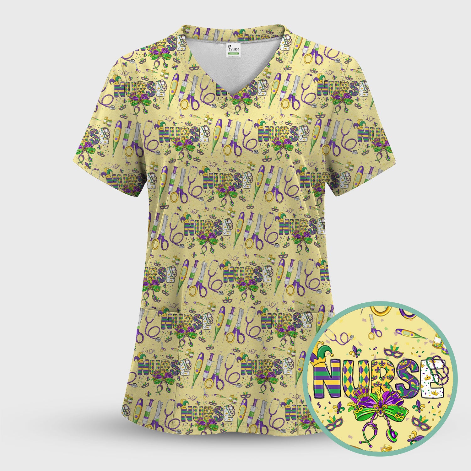 Mardi Gras Nurse Scrub Set, Holiday Medical Pattern Nurse Shirt, Breathable Fabrics Nursing Uniform