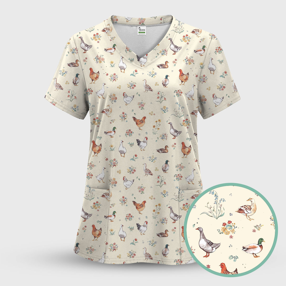 Farm Chicken Duck Floral Pattern Scrubs Sets, Scrub Pants and V Neck Top