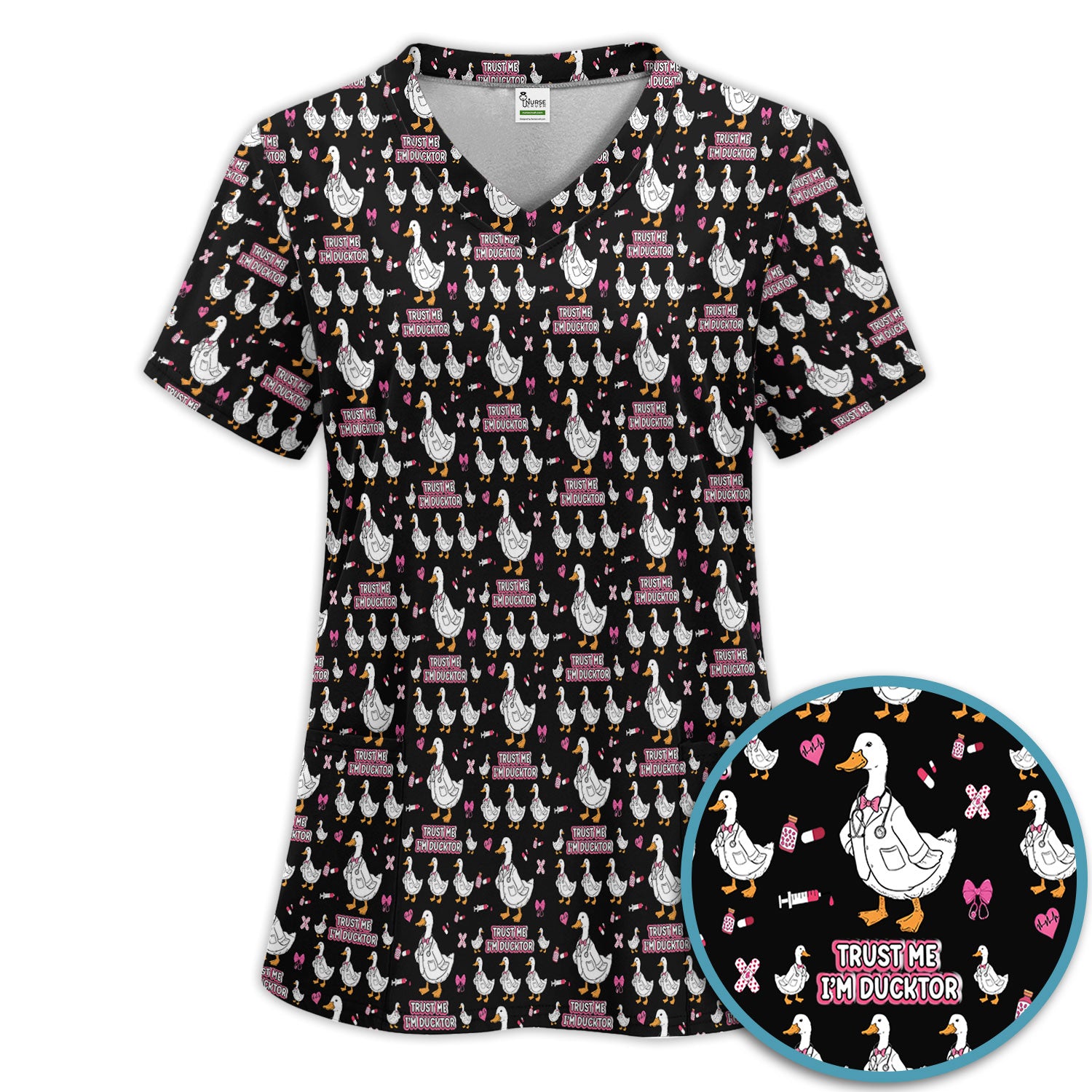 Trust Me I'm Ducktor Scrub Set, Funny Duck Pattern Scrub Shirt, Breathable Fabrics Nursing Uniform For Women