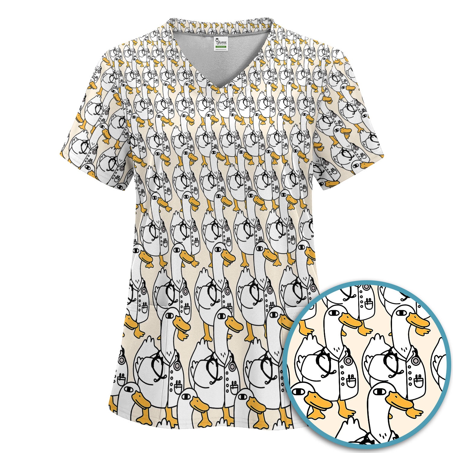 Funny Duck Scrub Set for Women - I'm a Doctor Scrubs Pants and V Neck Top - Cute Duck In The Row - Comfortable Nursing Uniform