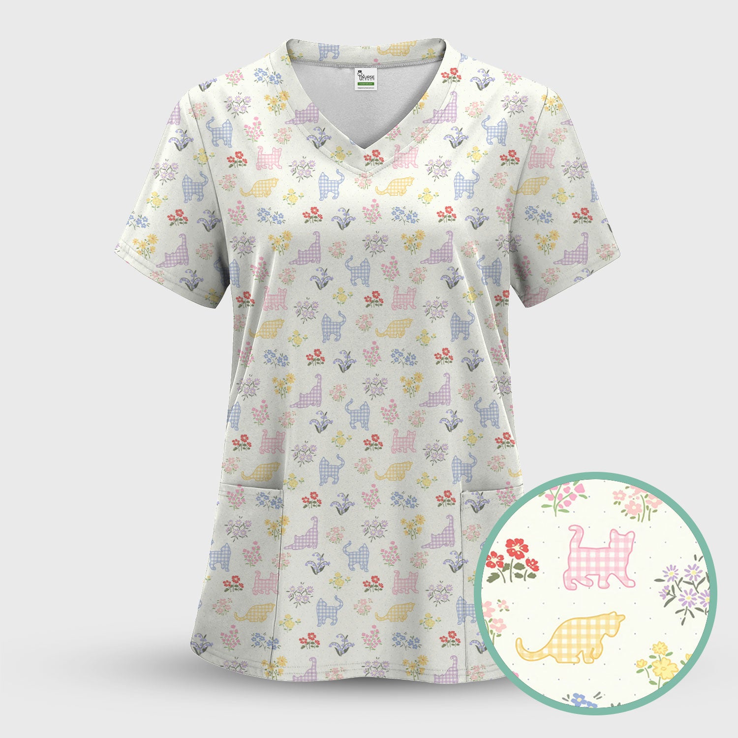 Pastel Cat Floral Nurse Scrub Top, Cute Cat Medical Pattern Shirt, Breathable Fabrics Nursing Uniform