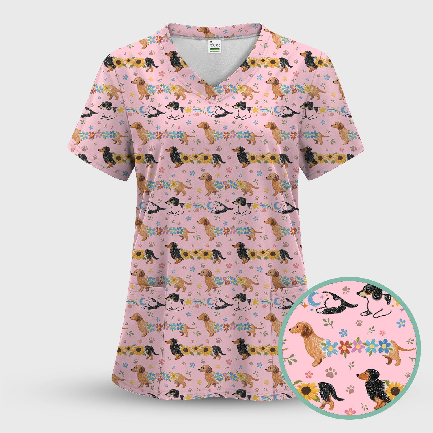 Floral Wiener Dog Pattern Scrub Set, Scrub Pants and V Neck Top