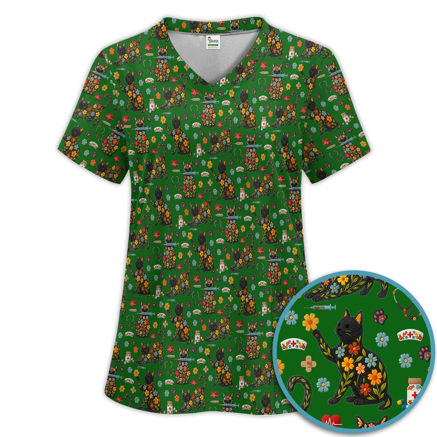 Floral Black Cat Pattern Scrub Set, Cute Cat Nurse Scrub Shirt, Medical Nursing Uniform