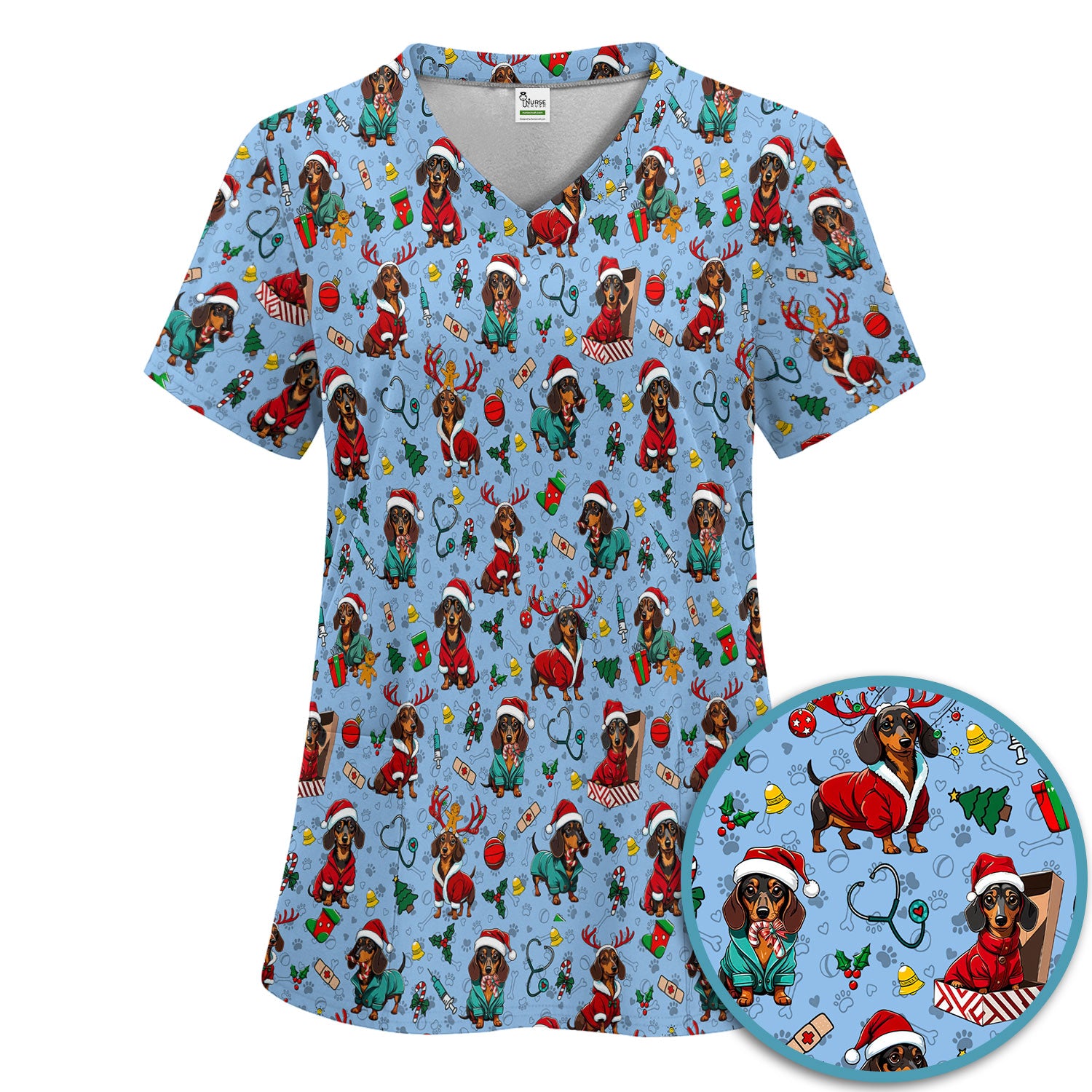 Christmas Dachshund Scrub Set for Nurses - Cute Sausage Dog Holiday - Funny Reindeer & Santa Scrubs Pants and V Neck Top