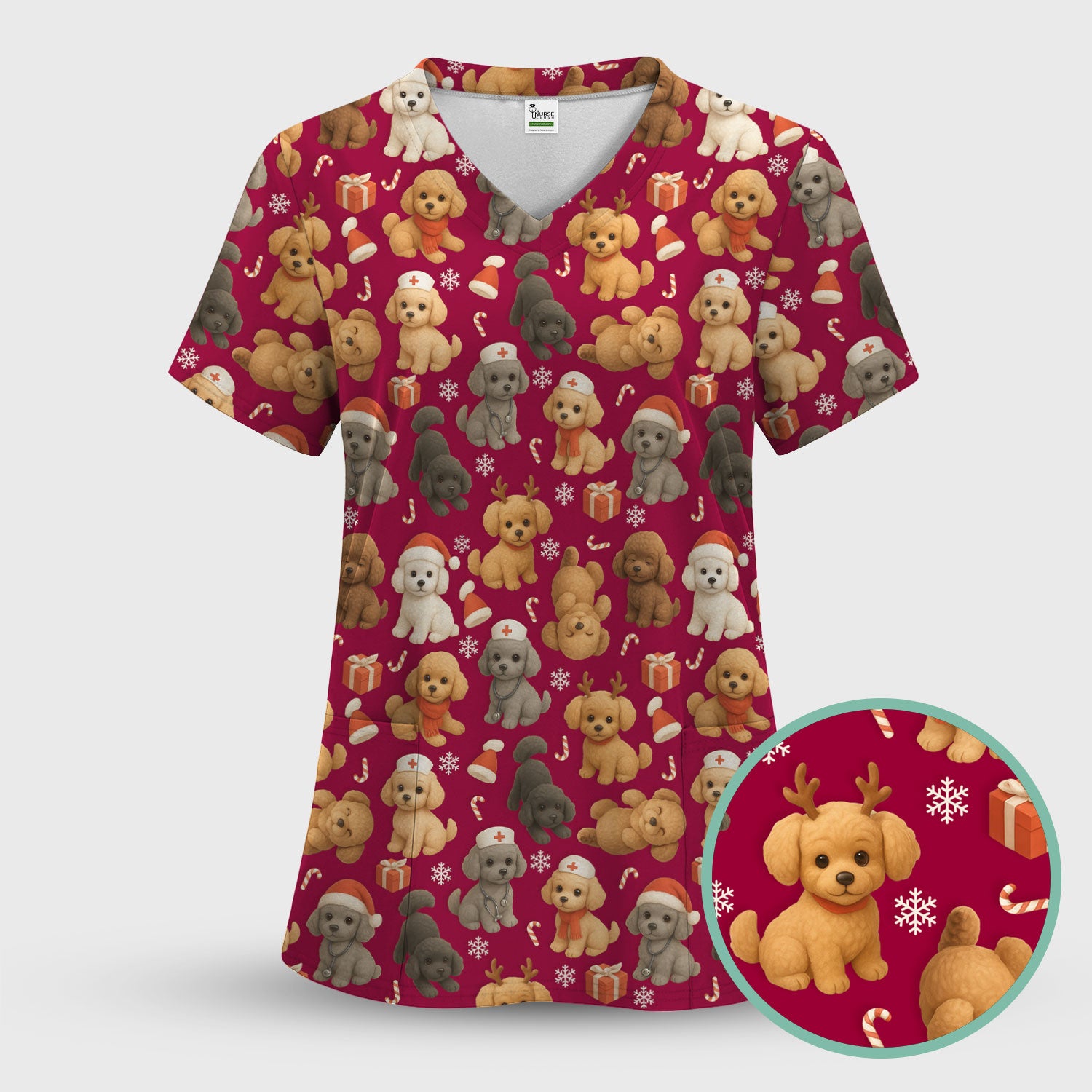 Christmas Poodle Scrubs for Women - Cute Dog Pattern Medical Scrub Top - Festive Holiday Christmas Scrubs with Adorable Poodle Design