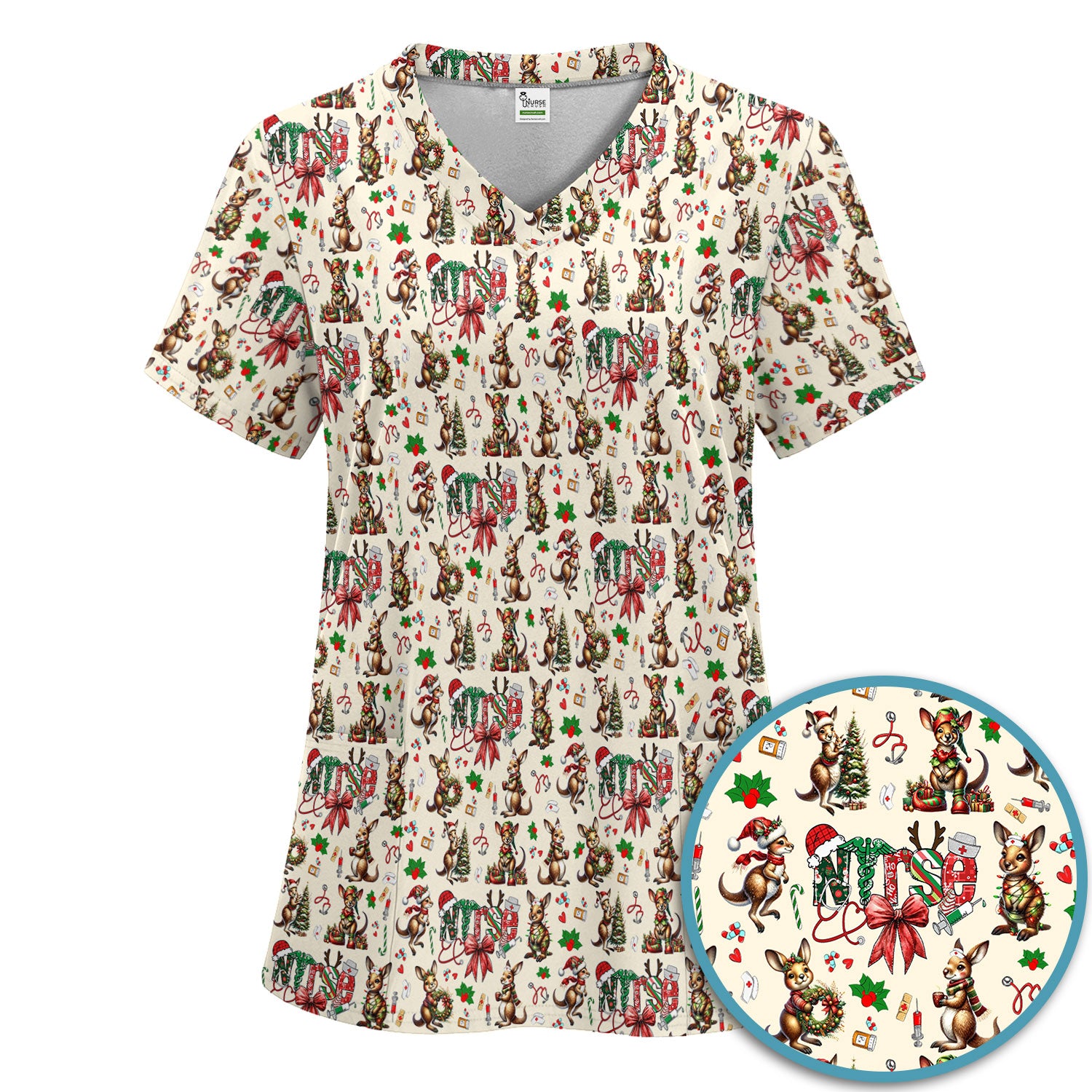 Whimsical Kangaroo Christmas Scrub Set – Festive Australian Animals Holiday Pattern – Cute Medical Uniform for Nurses, Vets & Healthcare Workers